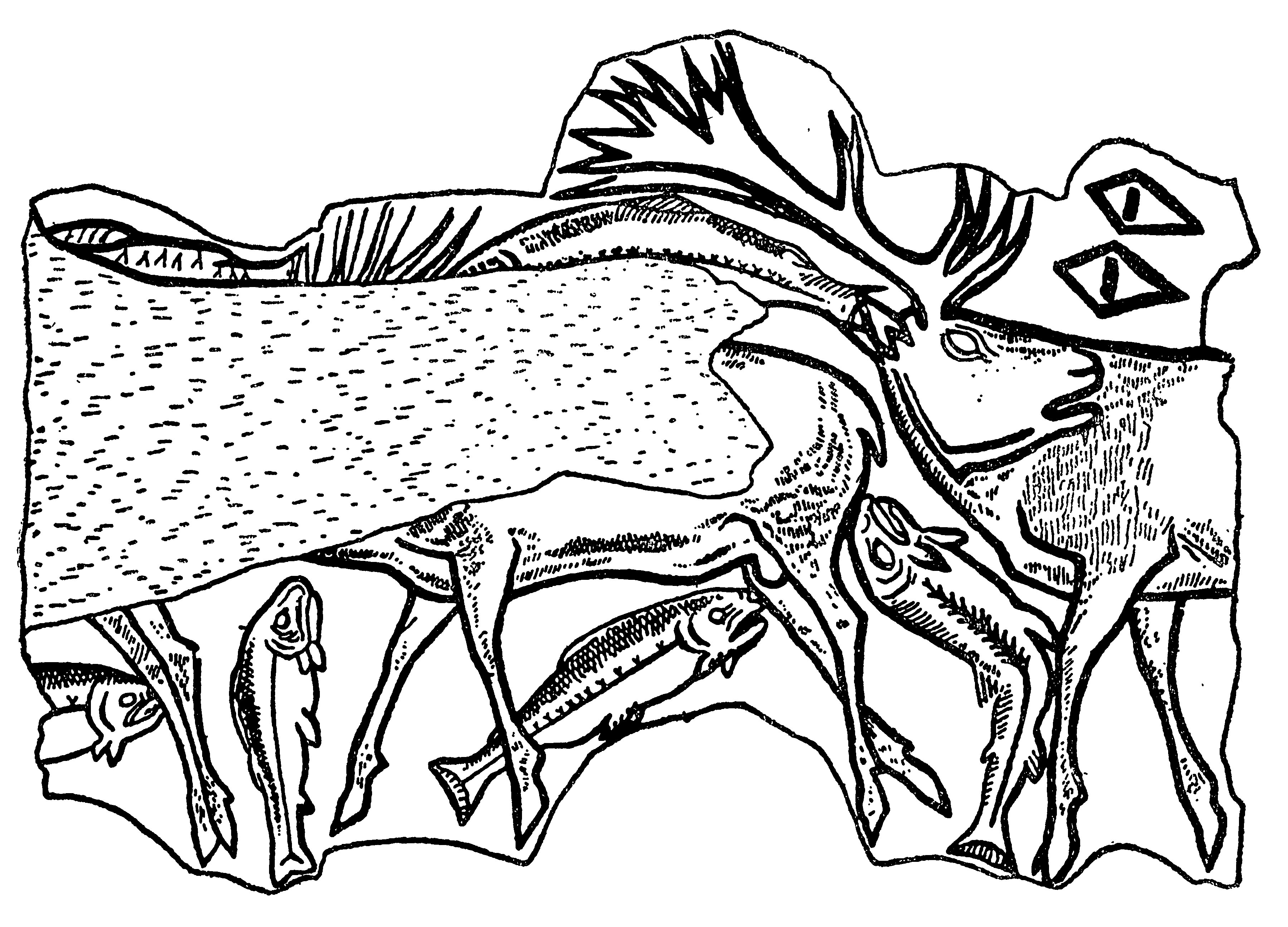 Стр. 43. Переход оленей через реку. Резьба по кости. Древний каменный век