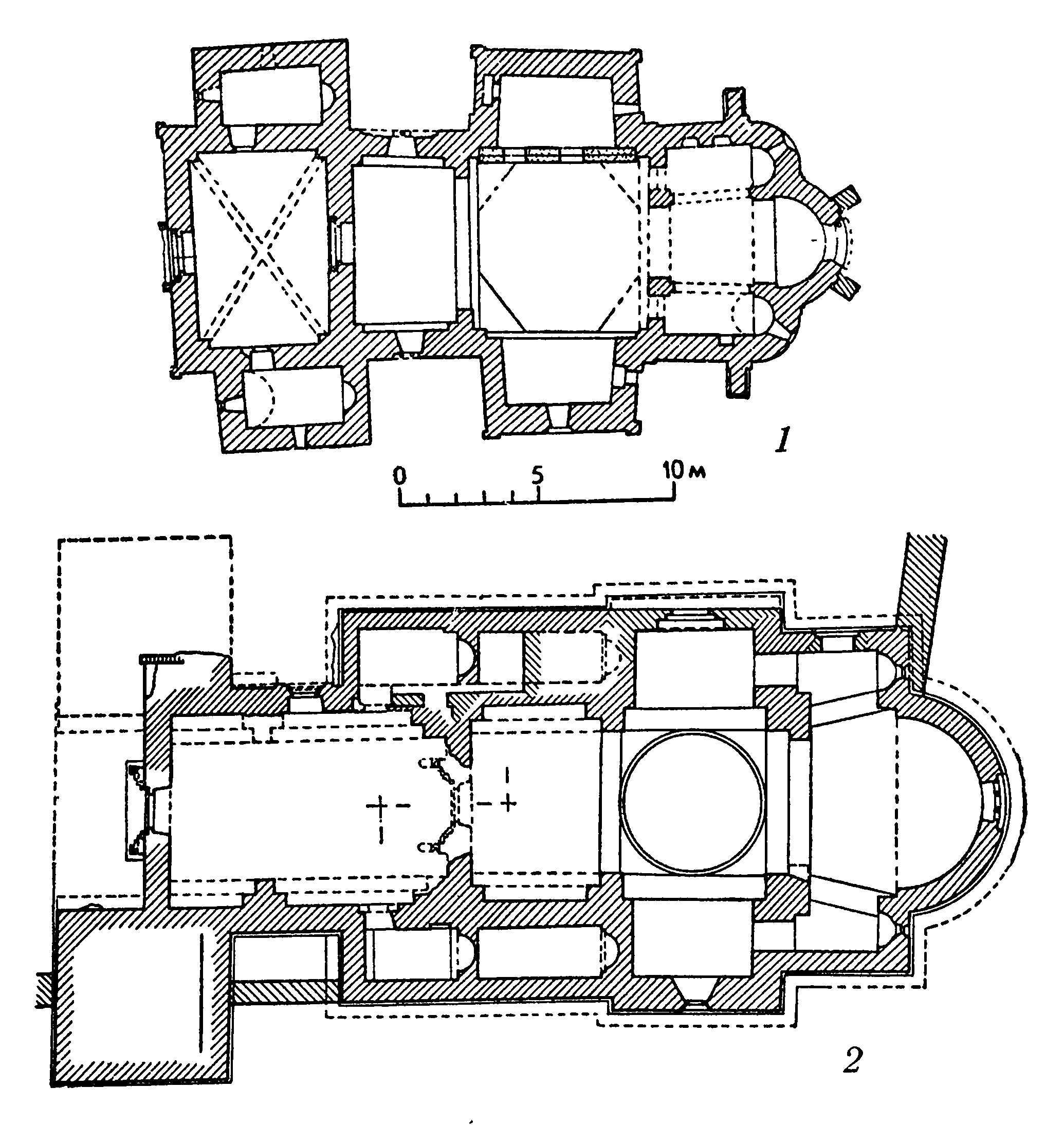 24. 1 — Градац. Церковь, 1270-е годы (план); 2 — Баньска. Церковь 1313—1317 гг. (план)