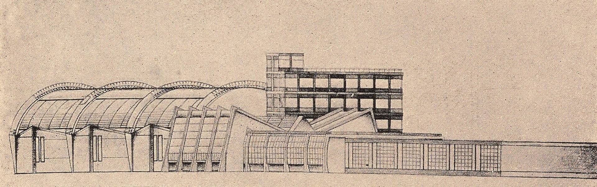 Специальная мастерская общественных и фабрично-заводских сооружений. Аэропланный завод. Работа студента Т. Н. Варенцова, 1926 г. Руководитель профессор Н. В. Докучаев.