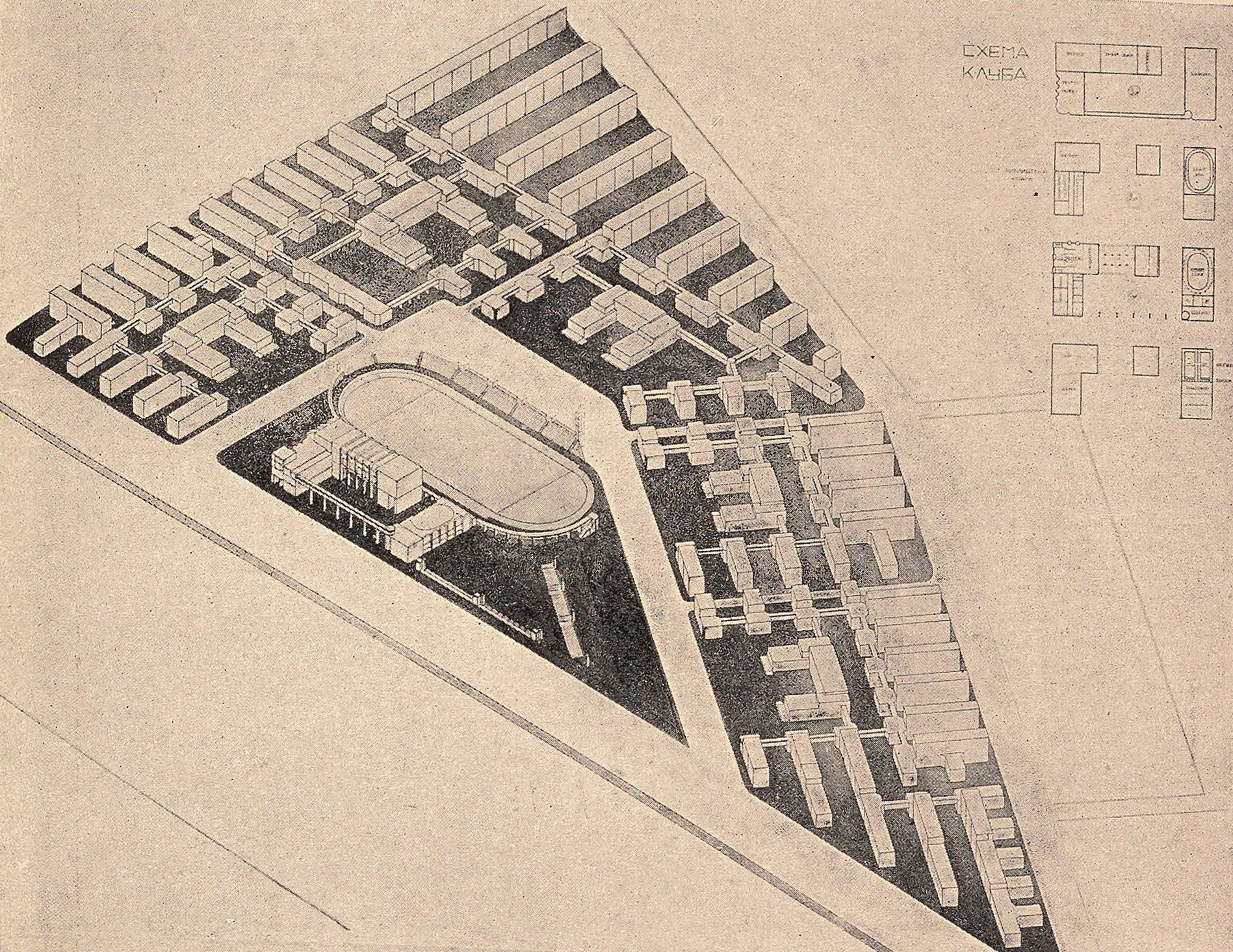 Планировка жилого коммунального городского квартала. Работа студента М. А. Туркус, 1926 г.