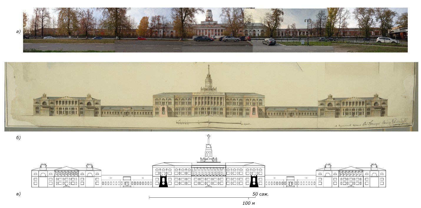 Главный корпус ИОЗ. а) — фотопанорама, осень 2021, б) — фрагмент копии (1810) с подлинника проекта С. Е. Дудина2, в) — Схема № 1 — проекта Дудина.
