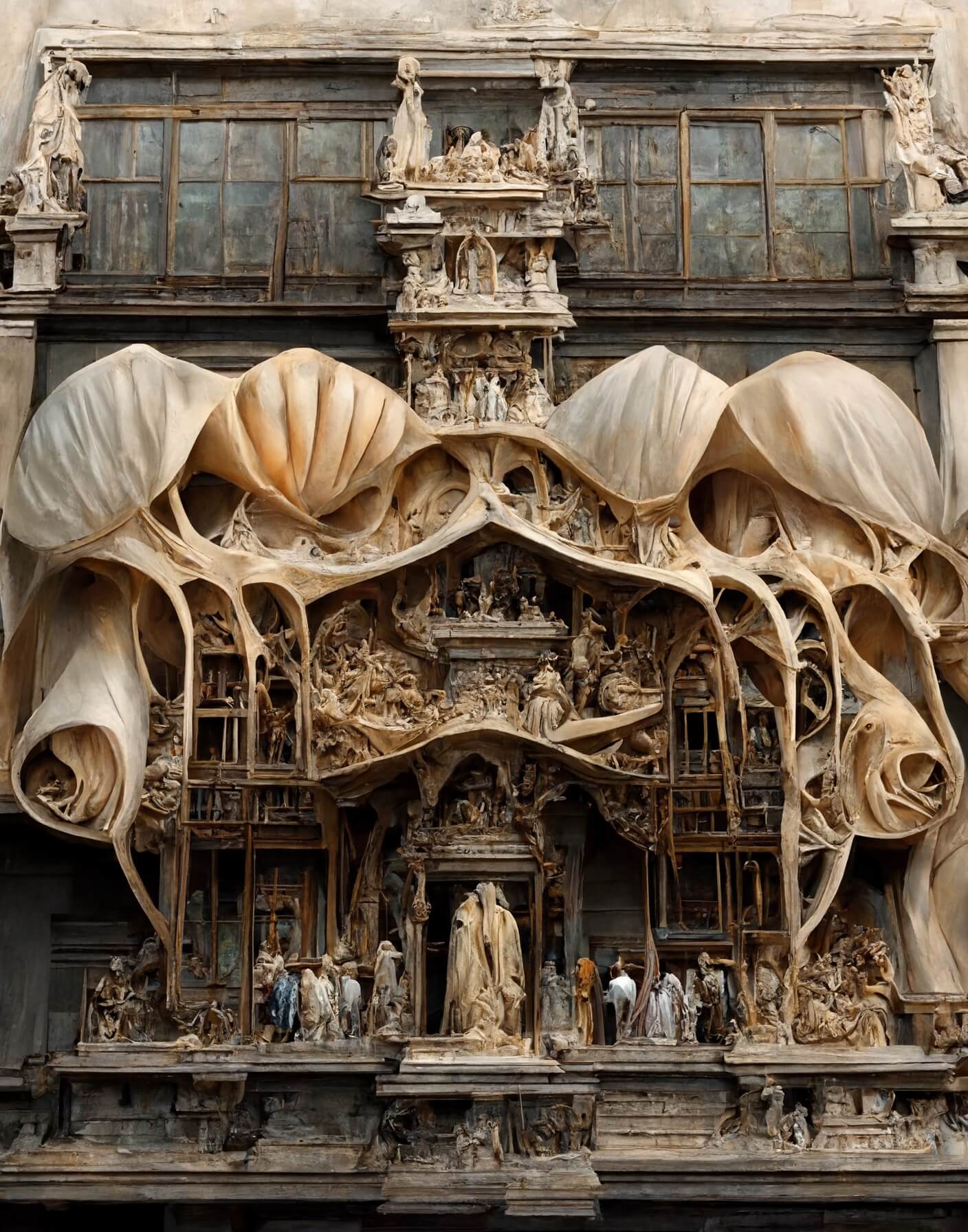 Renaissance and Baroque Facades Experiments with Tensile Structure by Mohammad Qasim Iqbal + Midjourney
