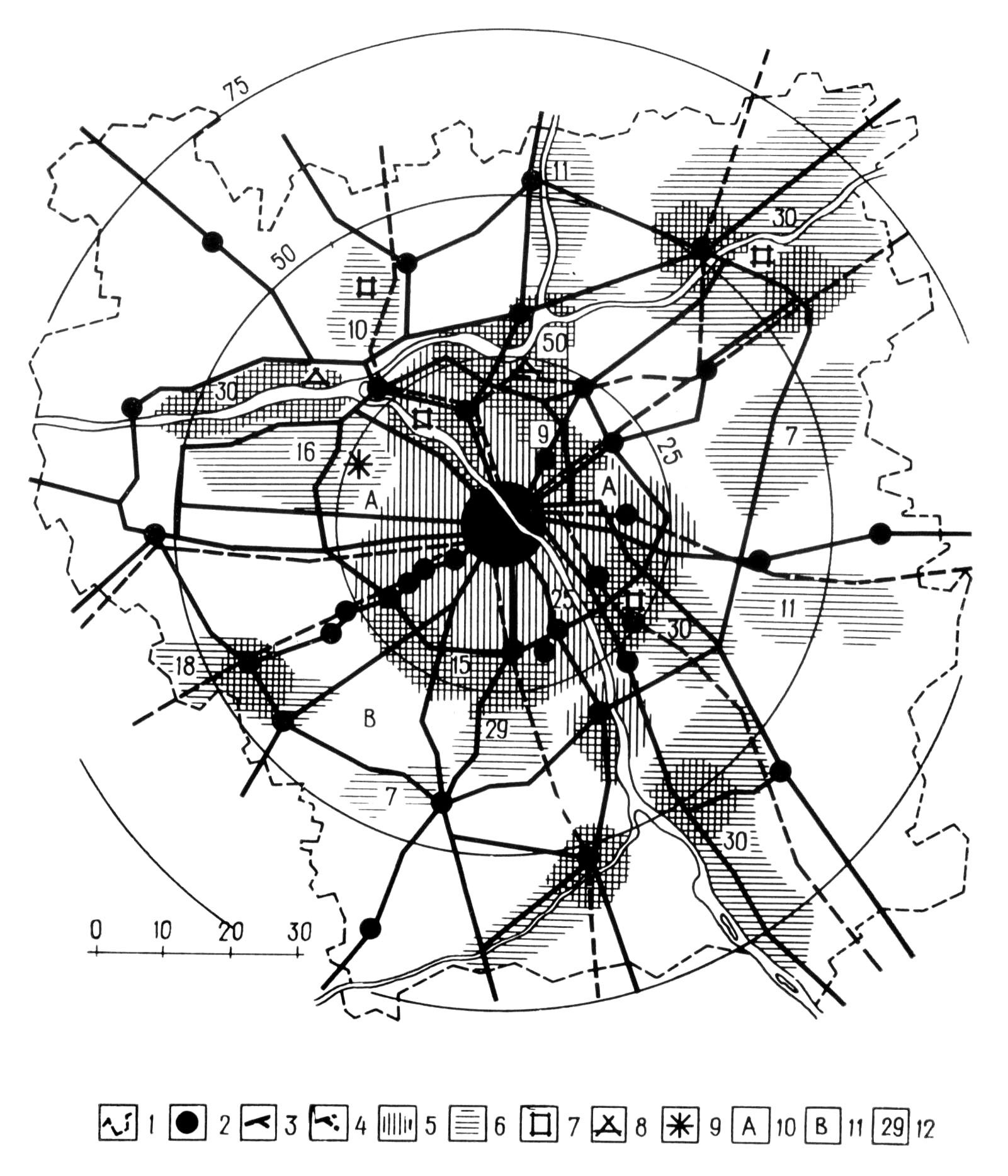Пригородная зона отдыха Варшавы. Схема планировки (на 1985 г.). Разработана коллективом под руководством Б. Круля
