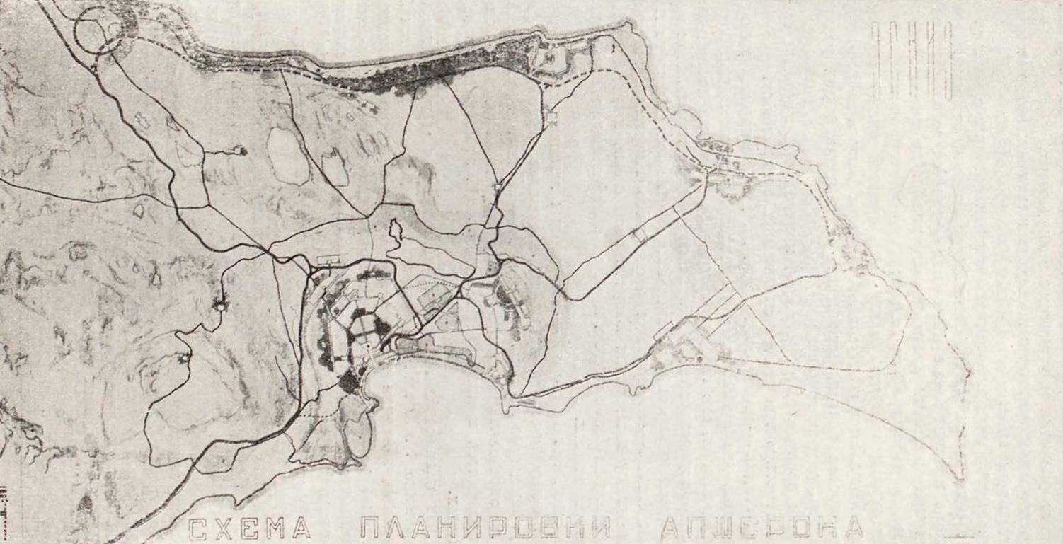 Рис. 2. Оптимальная схема планировки Апшерона с главным центром Баку и несколькими крупными городами-саталанами; на северо-западе город Сумгазе. (Гипрогор).