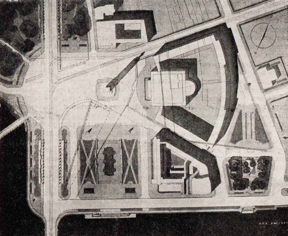 Рис. 11. Вариант планировки площади у Кировского моста и проспекта. Часть ансамбля существующего центра