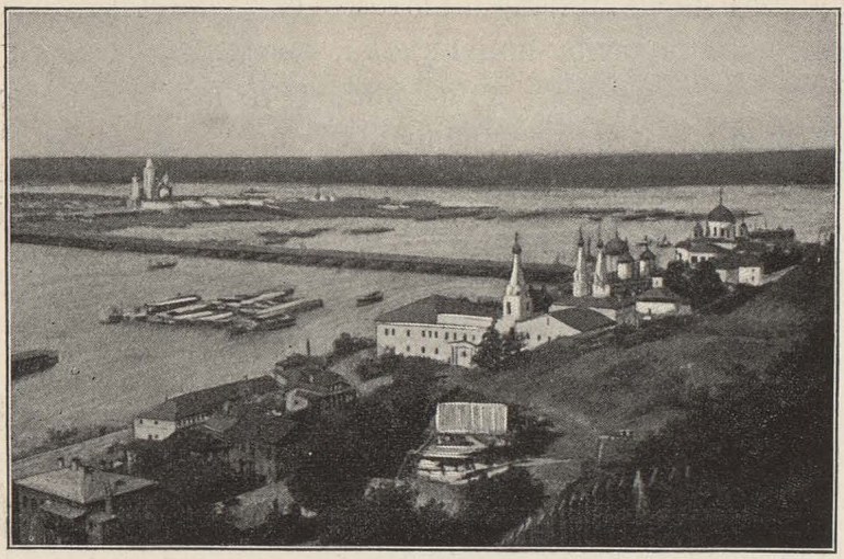 Благовещенский мужской монастырь. Плашкоутный мост через Оку. Часть ярмарки, а за нею видна Волга.