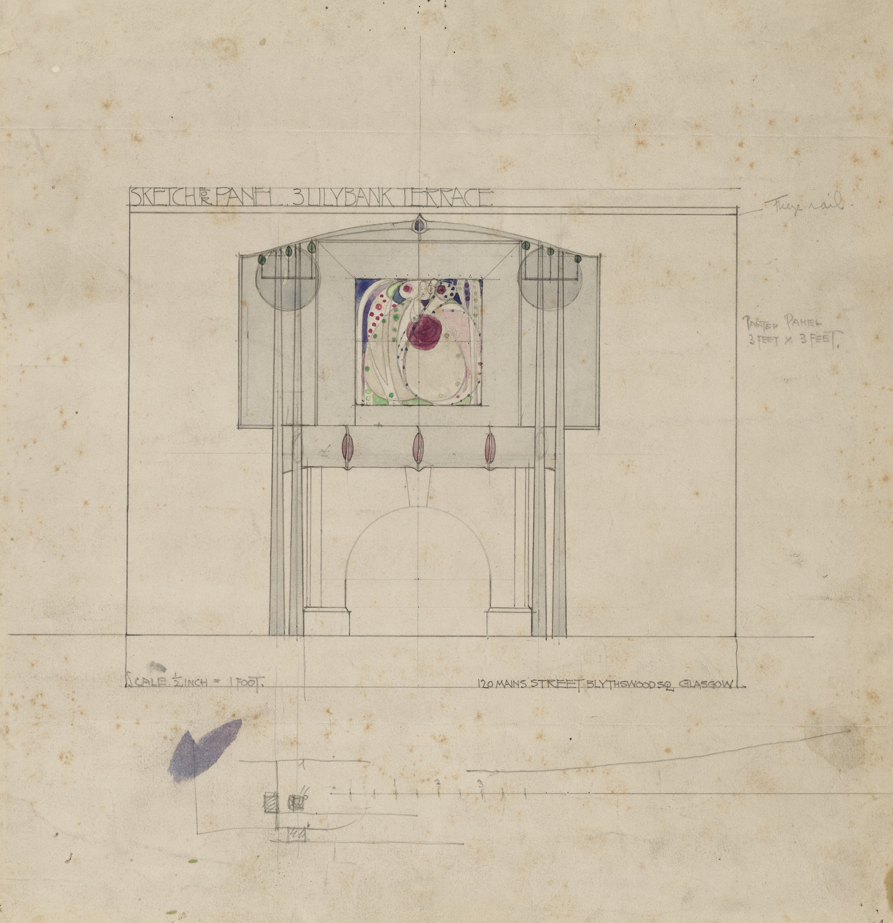 Charles Rennie Mackintosh, Margaret Macdonald. Design for Mantelpiece Incorporating Painted Panel, 3 Lilybank Terrace, Glasgow, Scotland. 1901