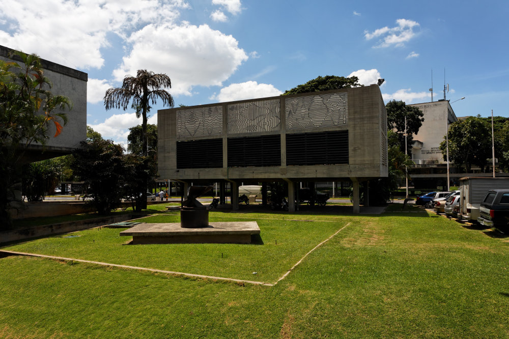 Ciudad Universitaria, Caracas: air conditioning unit for the Aula Magna with ceramic triptych mural by Victor Vasarely.