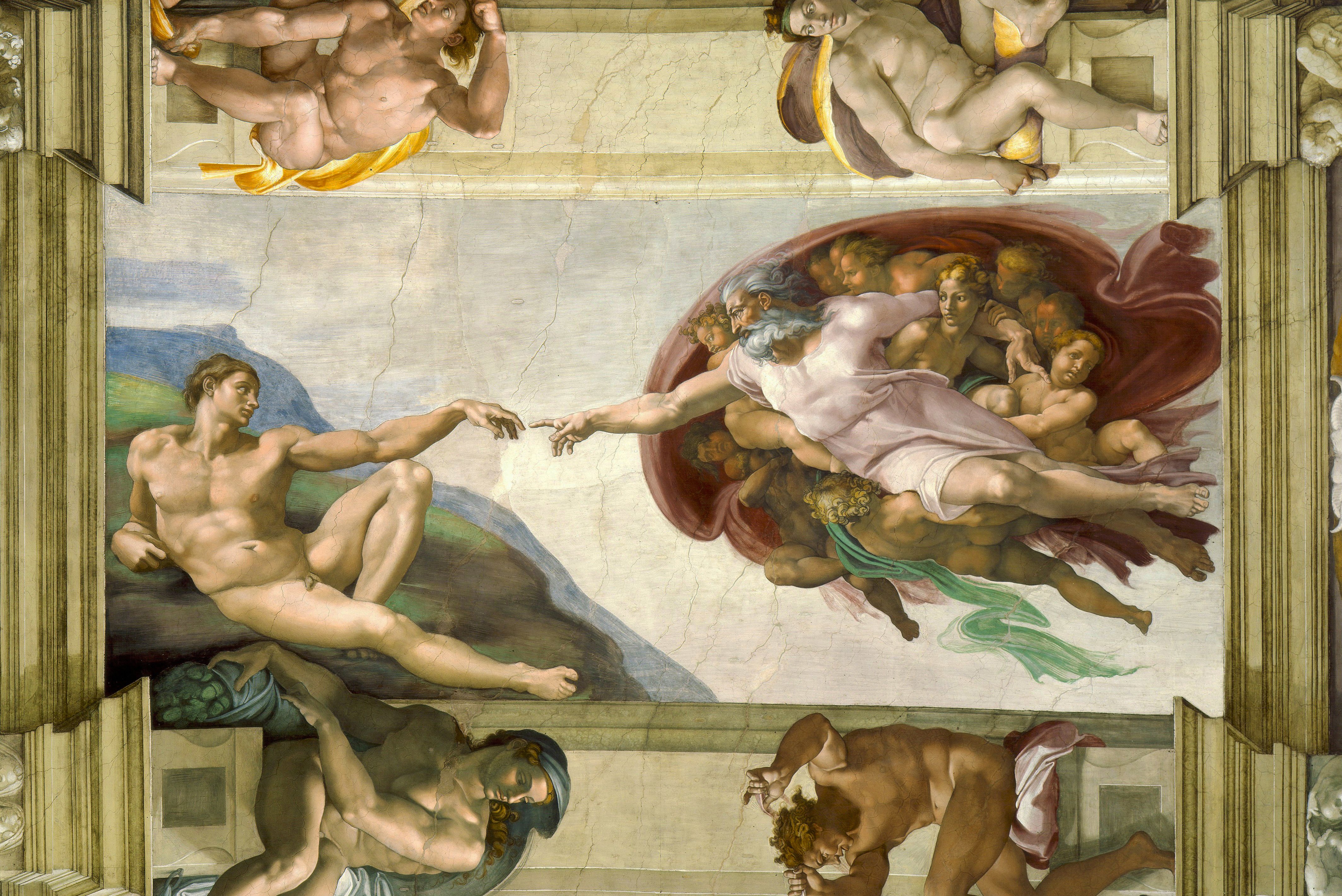 Микеланджело. Роспись потолка Сикстинской капеллы. Фреска «Сотворение Адама»