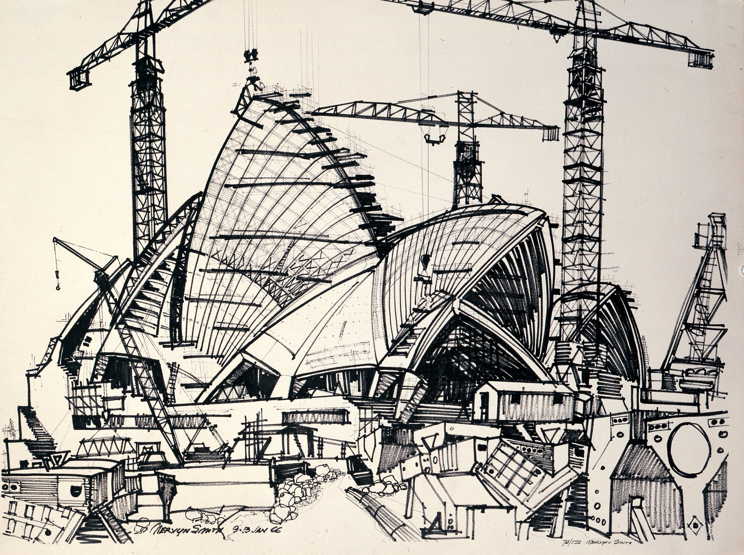 Drawing of the Sydney Opera House under construction. Artist: Mervyn Smith. Image Date: 1966. Source: RIBA
