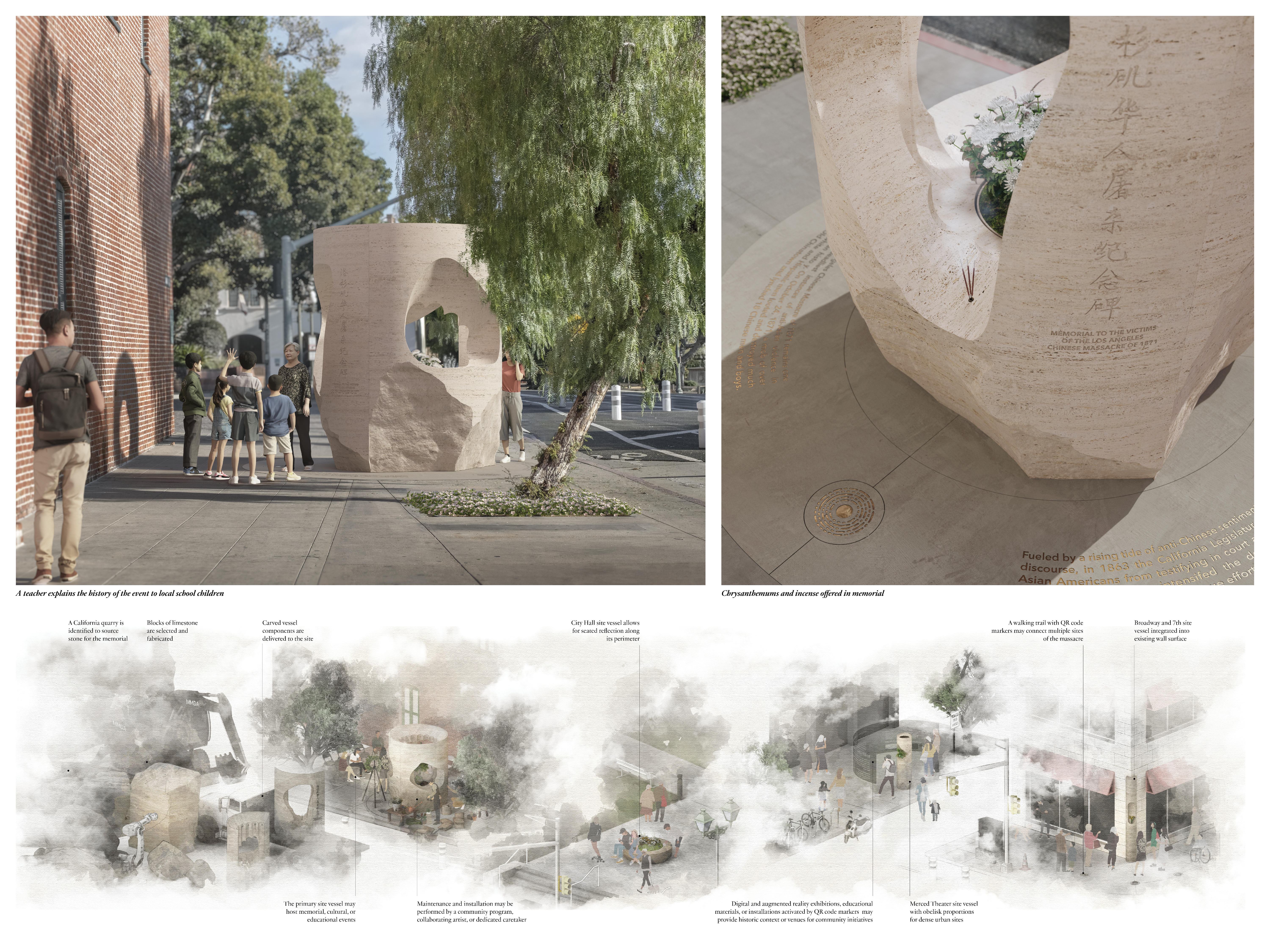 Proposed Concept of Memorial to the Victims of the 1871 Chinese Massacre. Figure x J. Jih. Architecture Collective, led by James Leng and Jennifer Ly in collaboration with J. Roc Jih, San Francisco, CA
