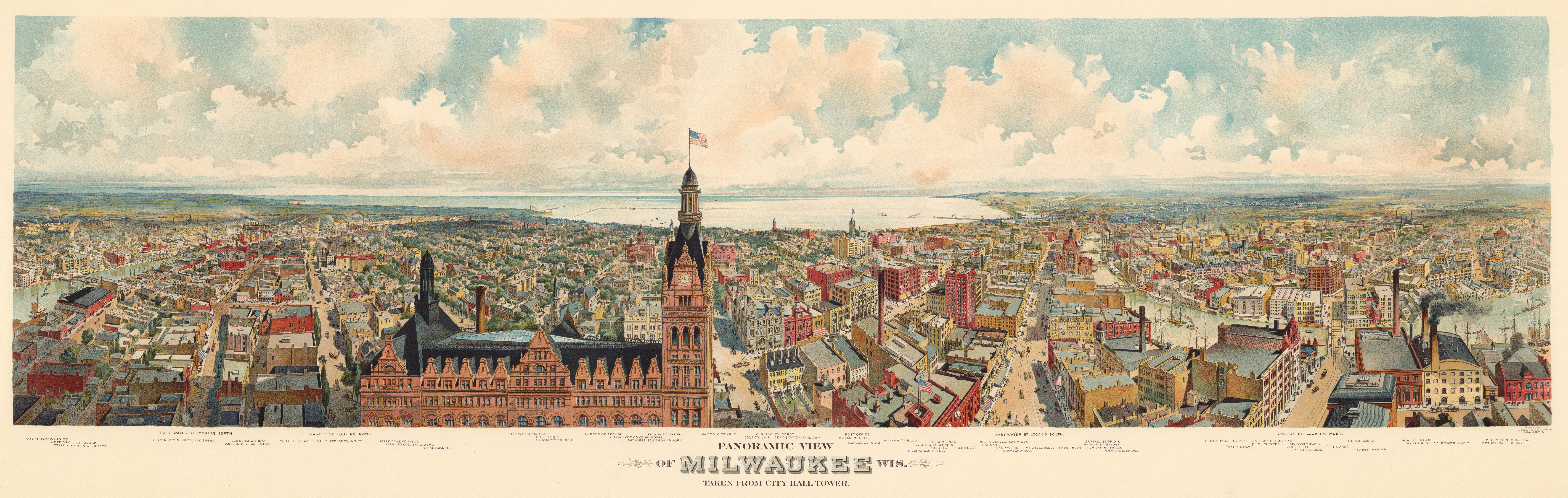 Panoramic view of Milwaukee, Wis. : taken from City Hall tower. Copyright 1898 by the Gugler Lithographic Co., Milwaukee, Wis.