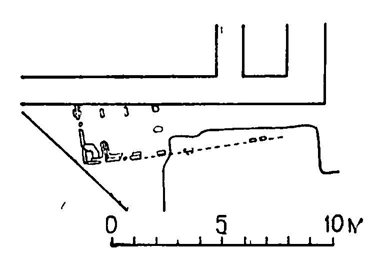 5. Спарта. Храм Артемиды Орфии, IX— VIII вв. до н. э. Схематический план раскопок (храм обозначен пунктиром)