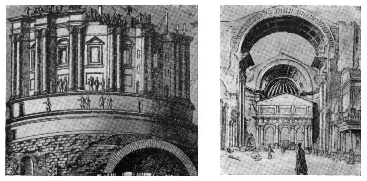 14. Работы на строительстве барабана купола собора св. Петра в Риме; справа — строительство собора св. Петра по рисунку художника Хеемскерка, 1532 г.