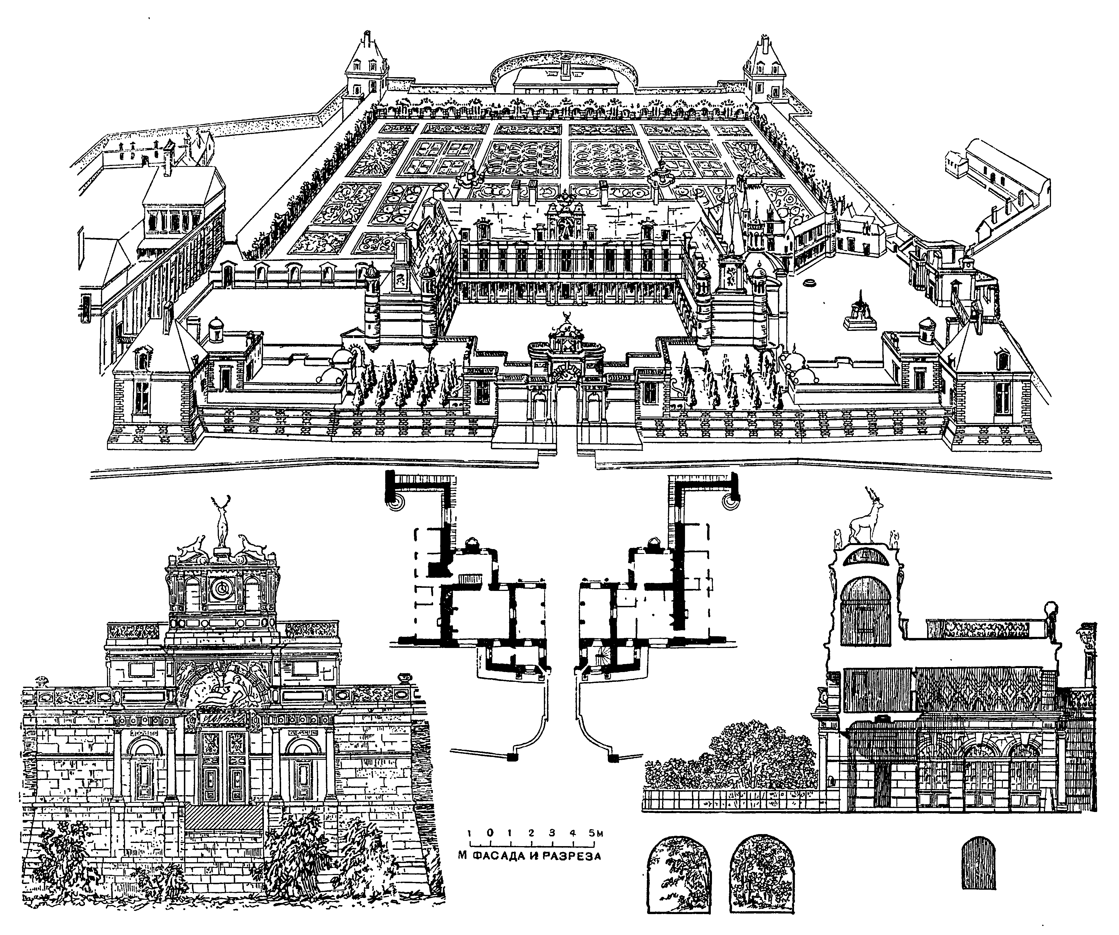 31. Анэ. Замок, начат в 1546 г. Ф. Делорм. Общий вид по Дюсерсо; ворота — план, фасад и разрез