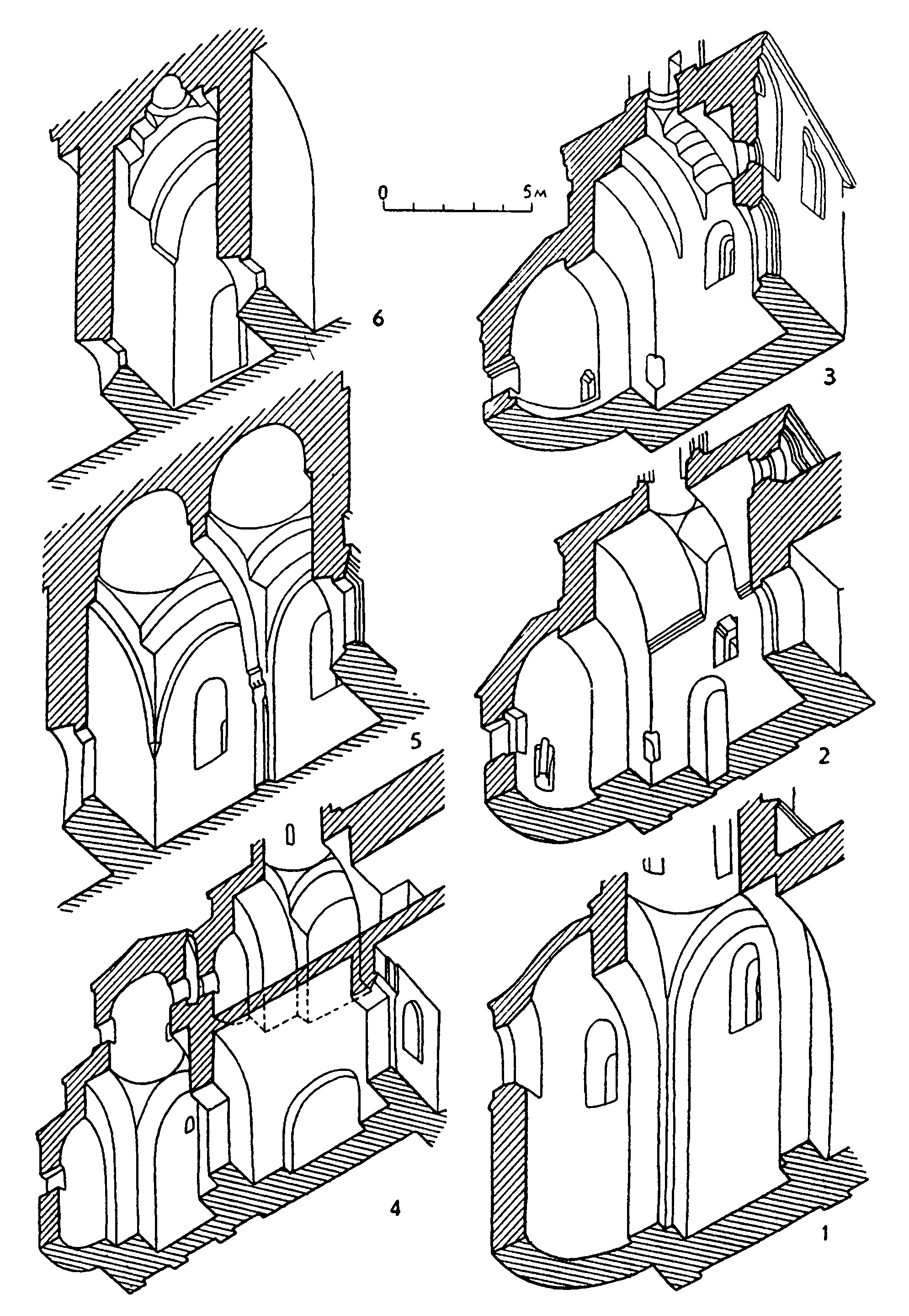 32. Ступенчатые своды балканских и русских построек (чертеж П. Н. Максимова). 1 — Чернигов; 2 — Псков; 3 — Гдов; 4 — Бояна; 5 — Байя; 6 — Добровац (чертеж П. Н. Максимова)