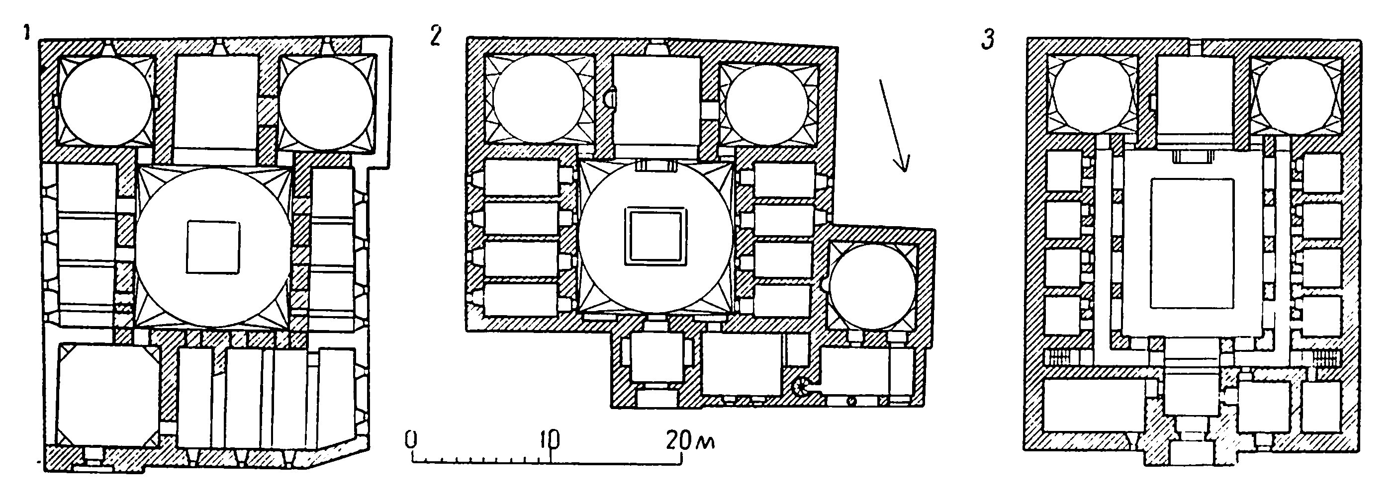 1 — Каратай-медресе, 1252 г. План; 2 — Индже-минар, 1258 г. План; 3 — Сирчали-медресе, 1243 г. План.