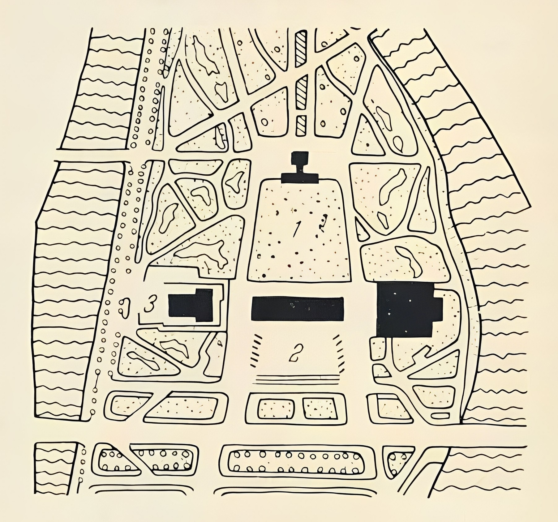 Мемориальный комплекс Мира в Хиросиме. Генплан. 1949 г. 1 — площадь; 2 — музей; 3 — монумент