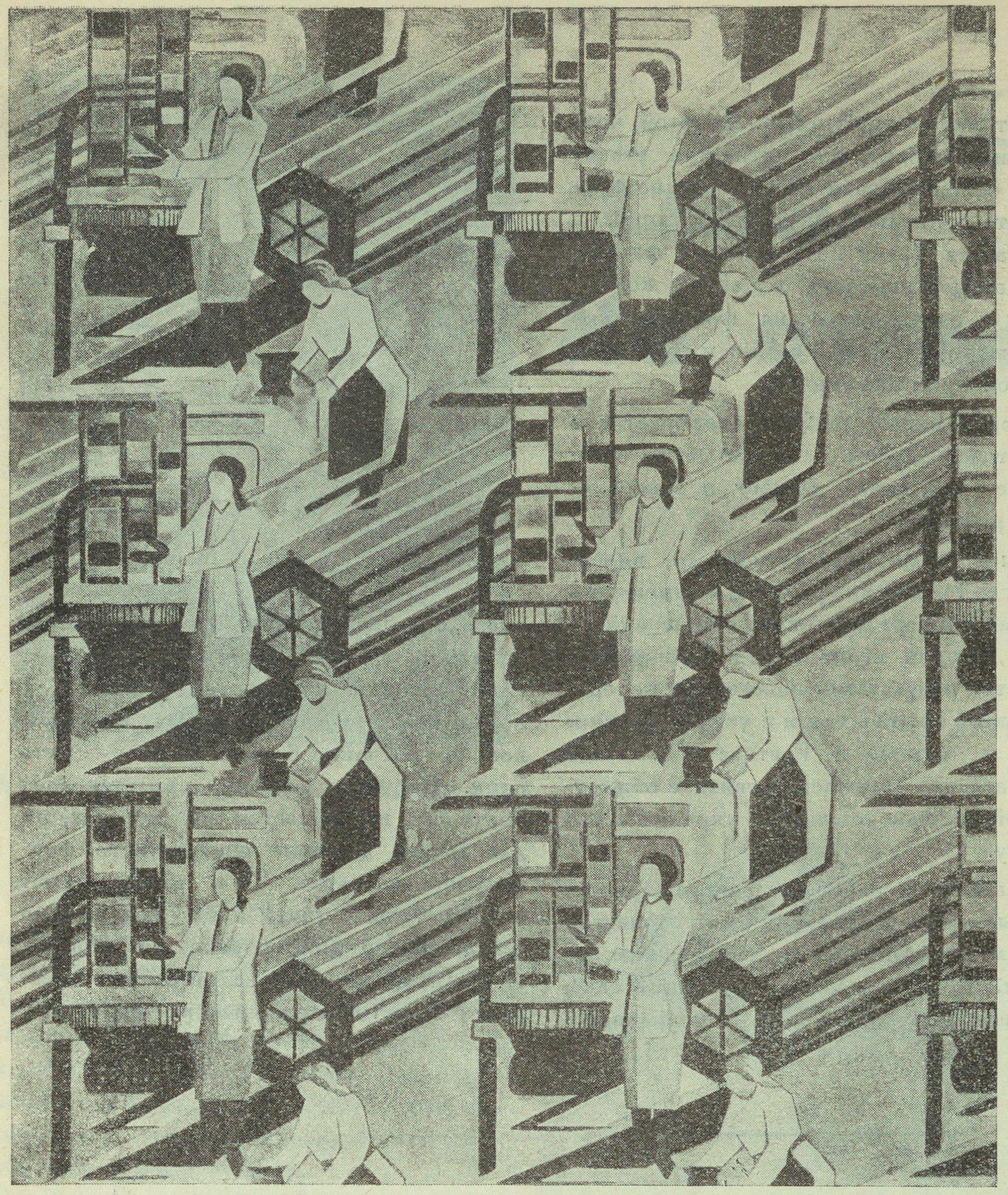 Худ. Коптева. На текстильной фабрике. Декоративная ткань «Искусство в массы». 1931. № 5