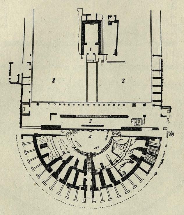 Рис. 45. План театра и форума в Остии: 1 — храм, 2 — форум, 3 — скена, 4 — орхестра