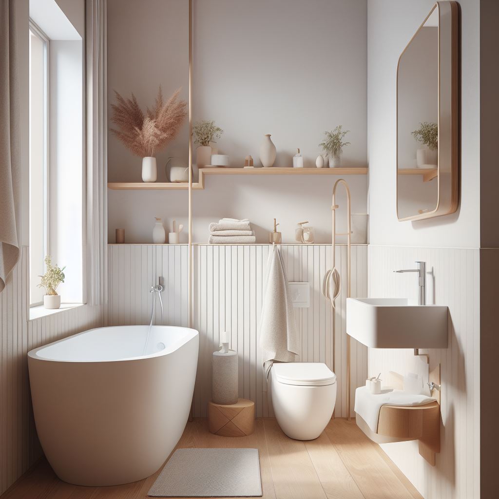 Prompt: small bathroom with bath and toilet sink, minimalist style. DALL-E 3