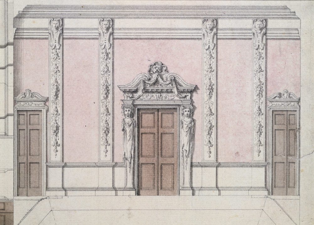 Проект внутренней отделки гостиной со сложными пилястрами? карнизом, дверными проемами: эскиз одной стены. Архитектор: Джон Варди (1718—1765). Англия. 1750. Источник: RIBA