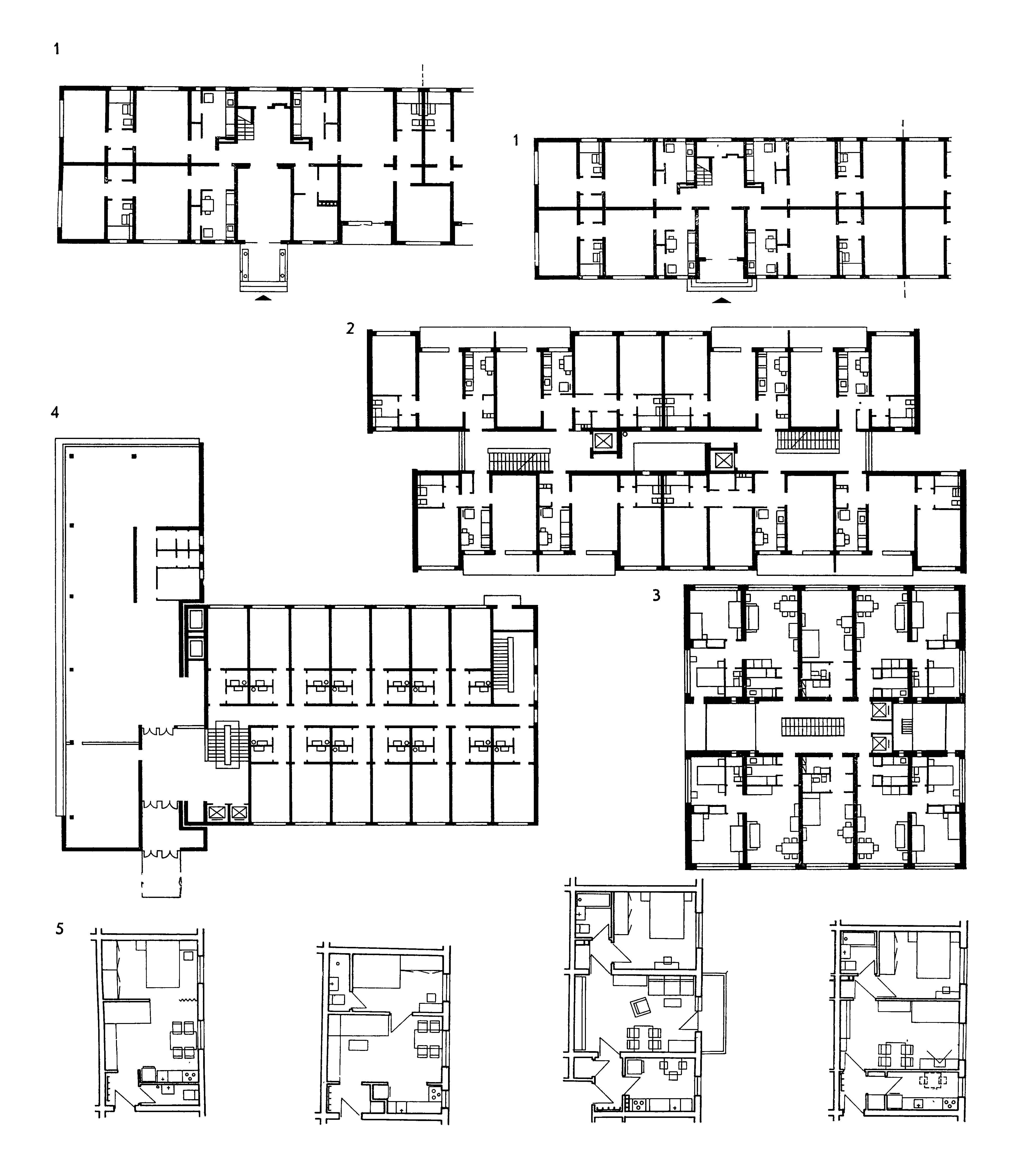 17. Планы жилых домов 1—5-этажные жилые здания из сборных крупных панелей с сочетанием двух секций. Брашов. Жилой массив Стягул Рошу; 2 — 12-этажные жилые здания из монолитного ячеистого железобетона в скользящей опалубке. Бухарест. Жилой массив Титан; 3 — 17-этажное жилое здание из монолитного ячеистого железобетона в инвентарной опалубке. Бухарест. Жилой комплекс площади Зала конгрессов Дворца Республики; 4 — 11-этажное жилое здание с однокомнатными квартирами и блоком обслуживания. Галац. Жилой район Циглина; 5 — примеры планировки двухкомнатной квартиры различных категорий комфорта
