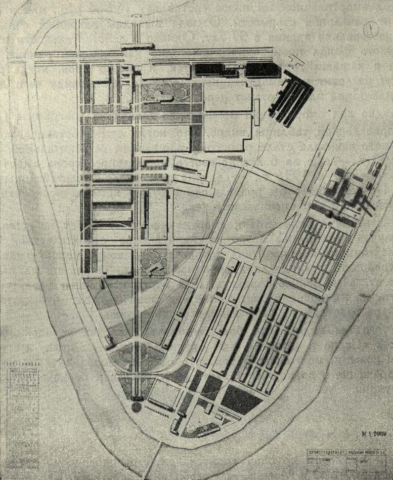 Рис. 8. Вариант генплана ЗИС с меридиональной прямой магистрали (черным показана существующая застройка). Архитекторы А. С. Фисенко, Е. М. Попов, А. Э. Зильберт