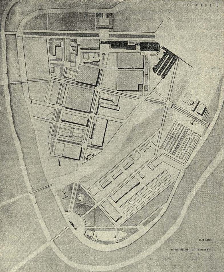 Рис. 9. Вариант генплана ЗИС с изломом магистрали (черным показана существующая застройка). Архитекторы А. С. Фисенко, Е. М. Попов, А. Э. Зильберт