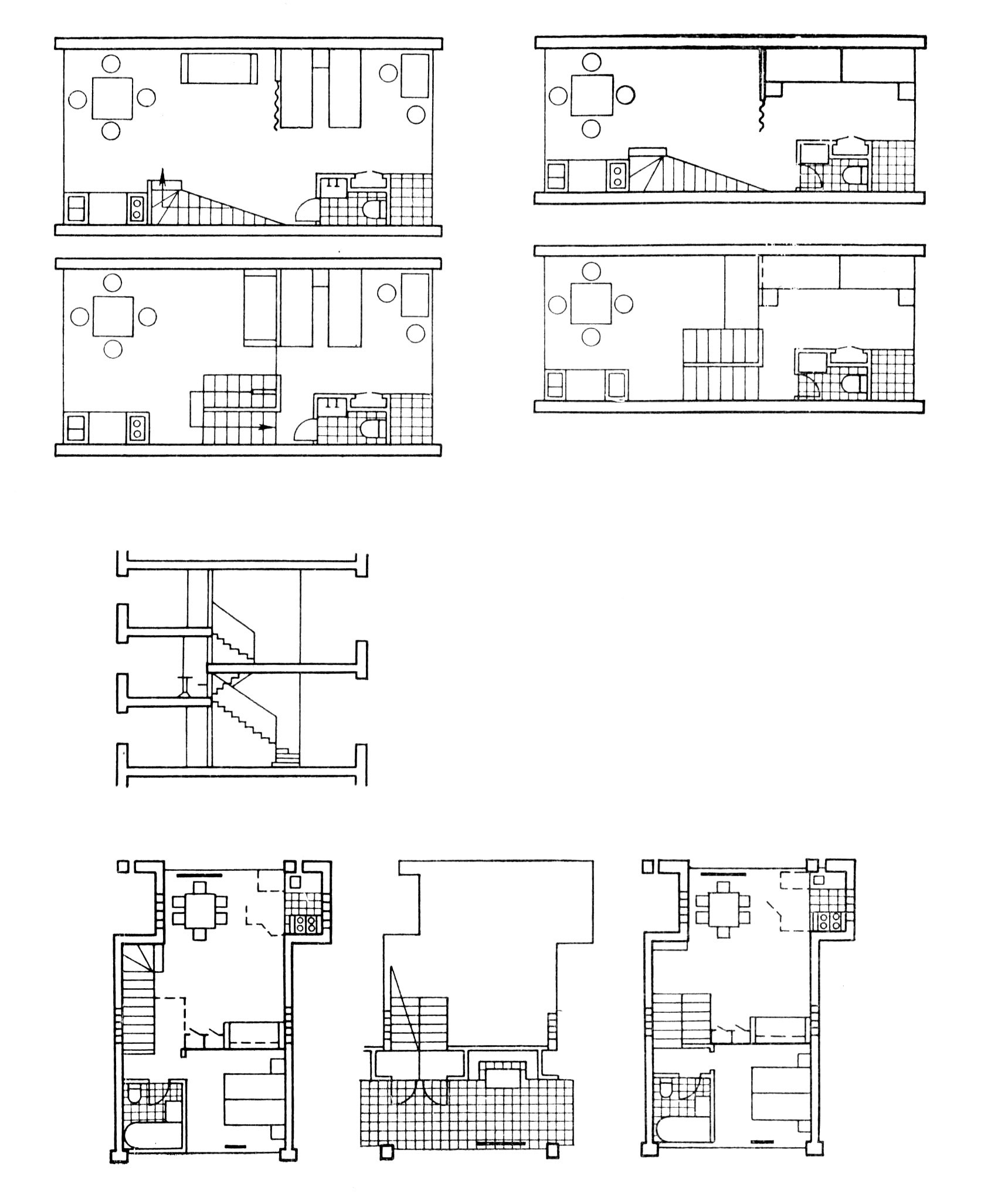 Коммунальный дом с квартирами типа F. Стройком РСФСР. Перспектива, планы этажей, планы и разрезы ячеек