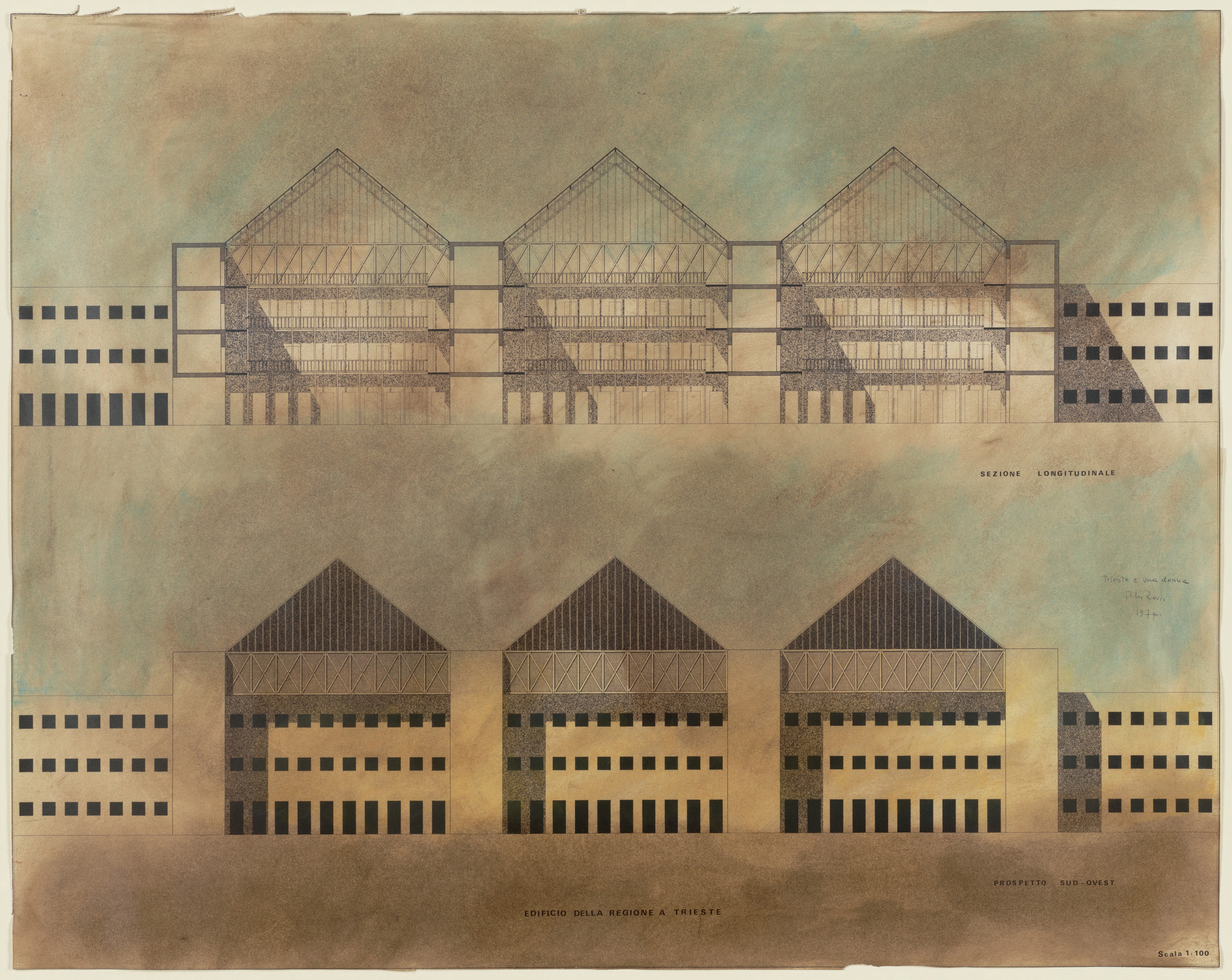 Figure 1. Aldo Rossi and Gianni Braghieri, with M. Bosshard, Regional Administrative Center, Trieste, Italy, Project 1974. Competition entry: elevation and section, rubbed ink and pastel on whiteprint, 28½ × 36" (72.4 × 91.4 cm). The Museum of Modem Art, New York. Philip Johnson Fund