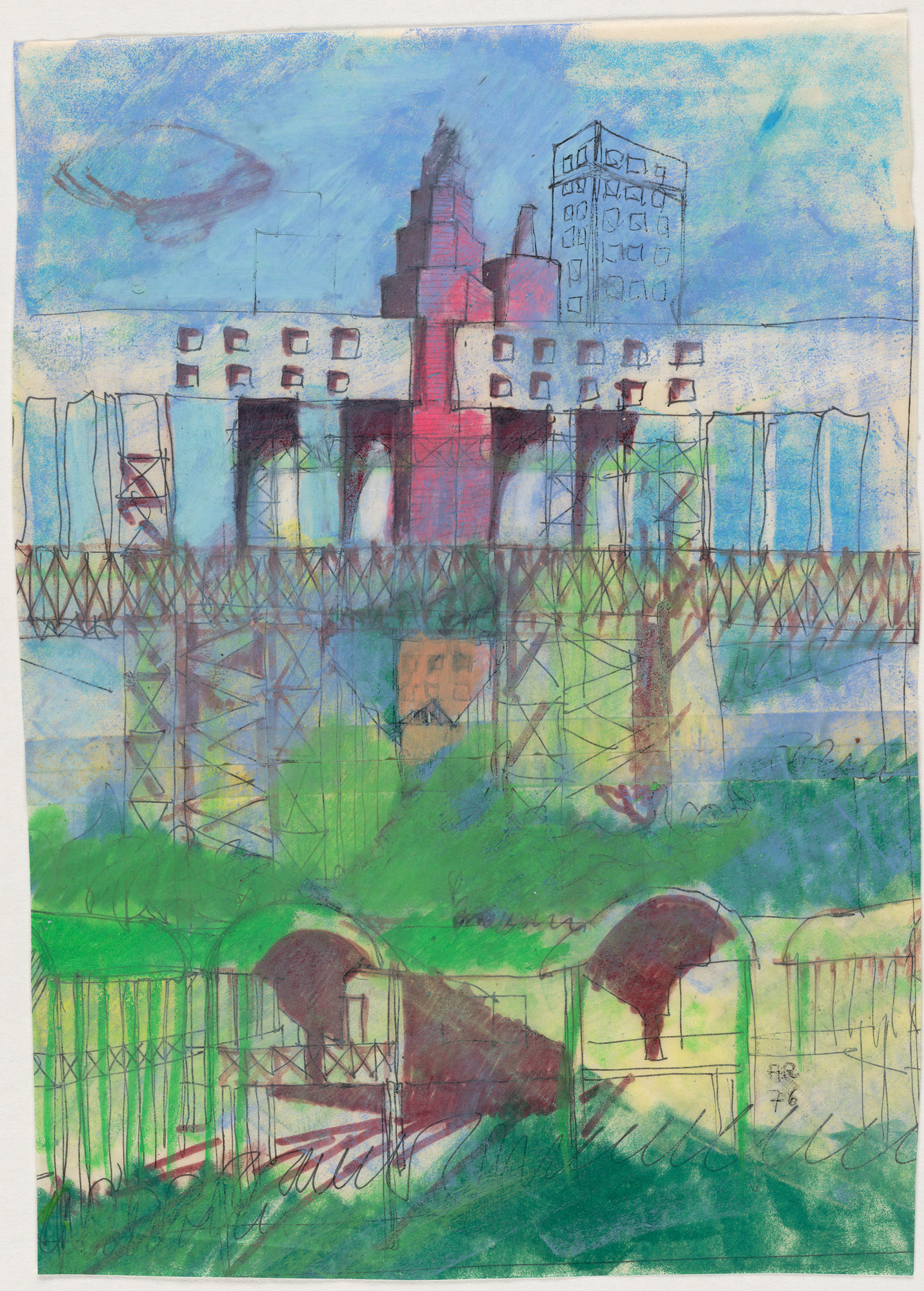 Figure 3. Aldo Rossi. Urban Architecture. Project, 1976. Perspective: oil pastel, ballpoint pen, ink, and felt-tipped marker on paper with tape, 14⅛ × 10⅛" (35.9 x 25.7 cm). The Museum of Modern Art, New York. Barbara Jakobson Purchase Fund