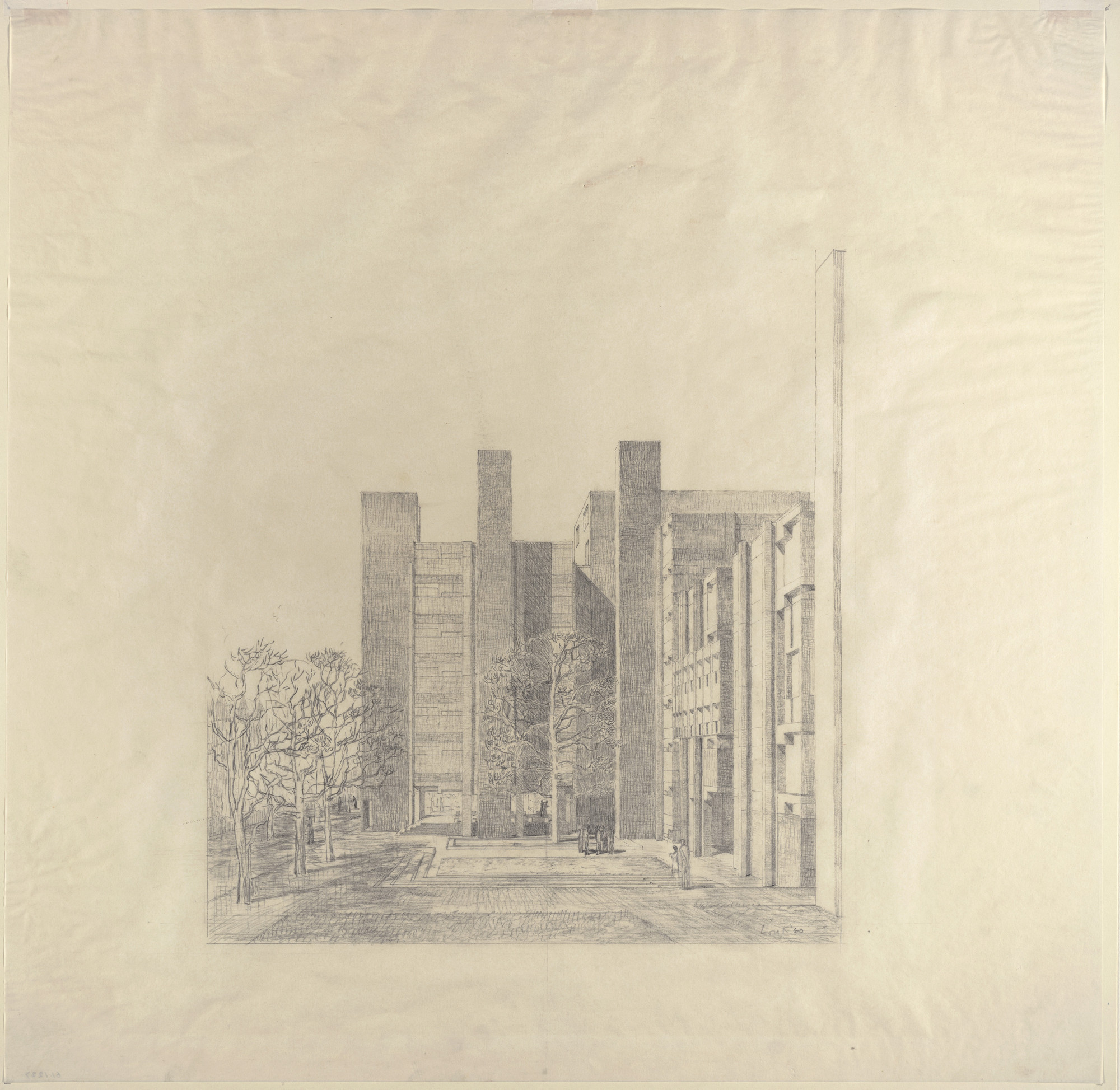 Louis I. Kahn. Alfred Newton Richards Medical Research Building, University of Pennsylvania, Philadelphia, Pennsylvania. Exterior perspective, final version. 1960. Graphite on tracing paper. 23 × 23½" (58.4 × 59.7 cm). MoMA