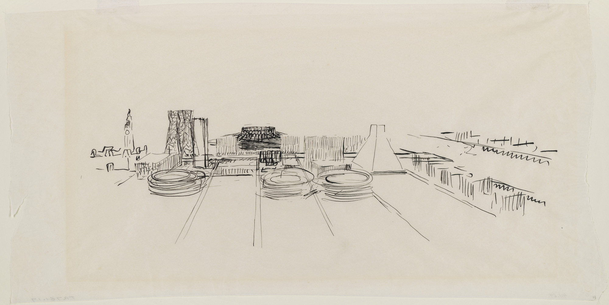 Louis I. Kahn. Civic Center Studies, project, Philadelphia, Pennsylvania, Aerial perspective. 1956–57. Ink on tracing paper. 8¼ × 17" (20.9 × 43.1 cm). MoMA