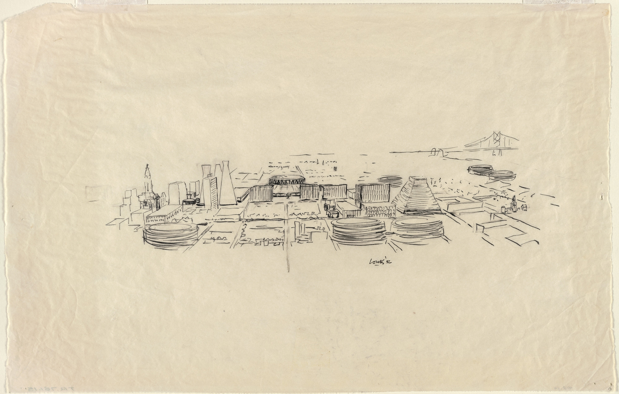 Louis I. Kahn. Civic Center Studies, project, Philadelphia, Pennsylvania, Aerial perspective. 1956. Ink and graphite on tracing paper. 11 × 17" (27.9 × 43.2 cm). MoMA