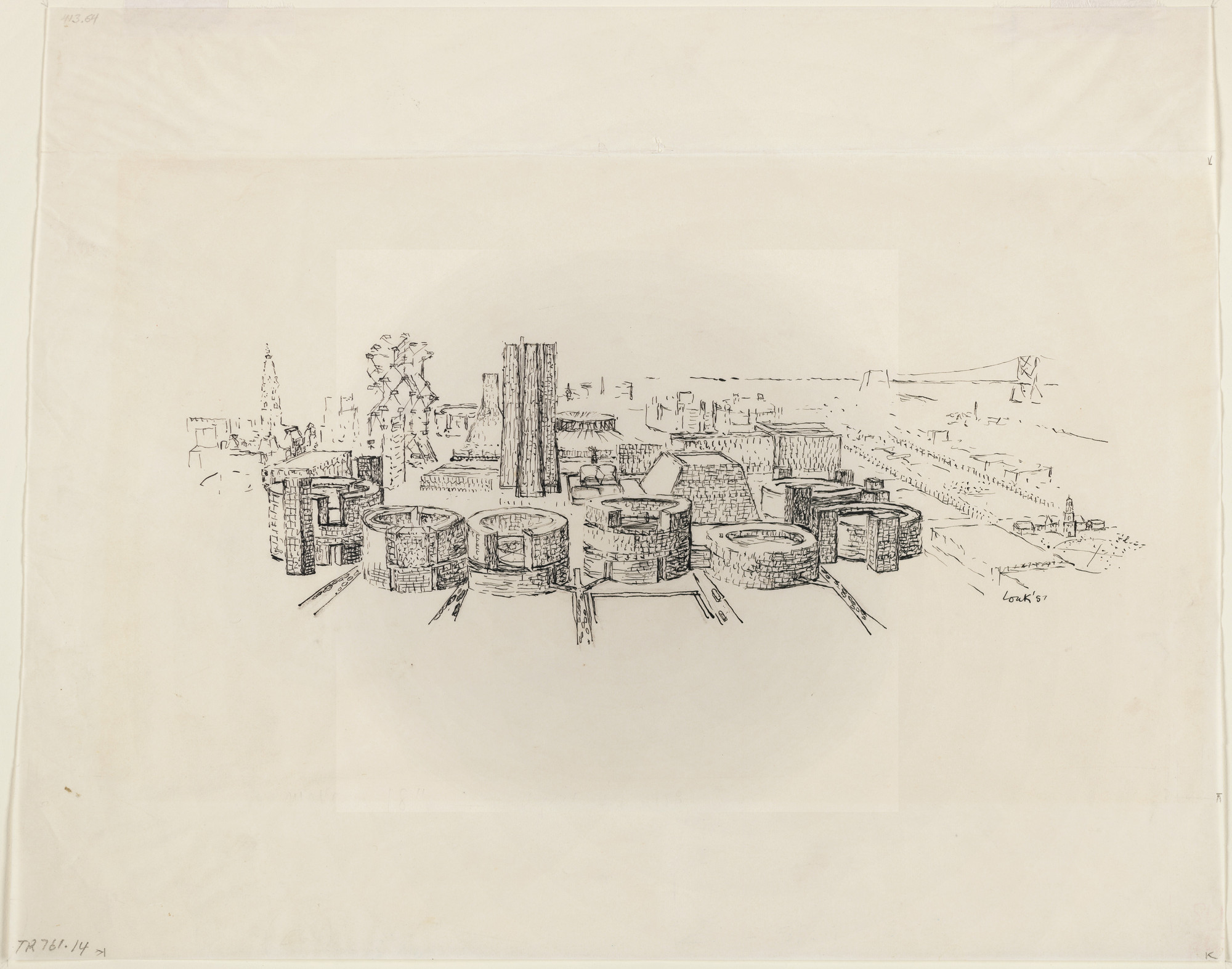 Louis I. Kahn. Civic Center Studies, project, Philadelphia, Pennsylvania, Aerial perspective. 1957. Ink on tracing paper. 11 × 14" (27.9 × 35.6 cm). MoMA