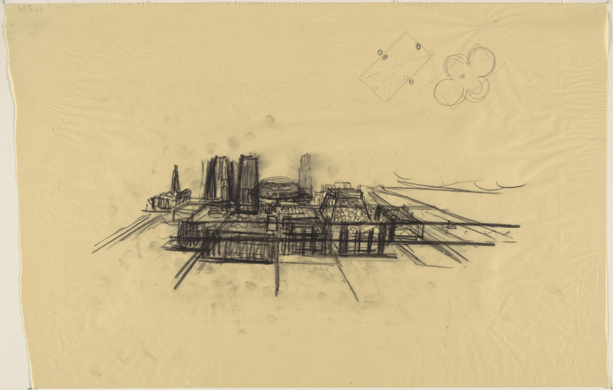 Louis I. Kahn. Civic Center Studies, project, Philadelphia, Pennsylvania, Aerial perspective sketch. 1957. Charcoal and graphite on tracing paper. 12 × 18⅛" (30.5 × 46 cm). MoMA