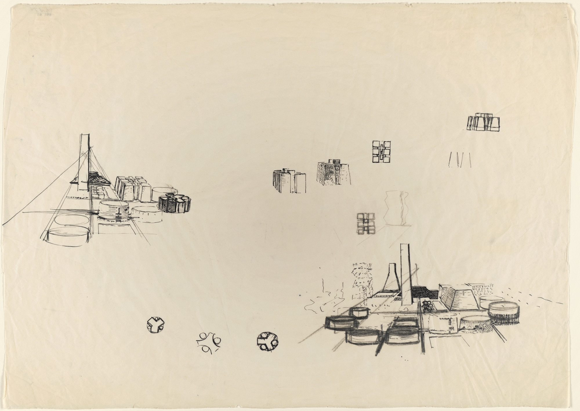 Louis I. Kahn. Civic Center Studies, project, Philadelphia, Pennsylvania, Aerial perspective sketches. 1956–57. Ink and graphite on tracing paper. 15 × 21" (38.1 × 53.3 cm). MoMA