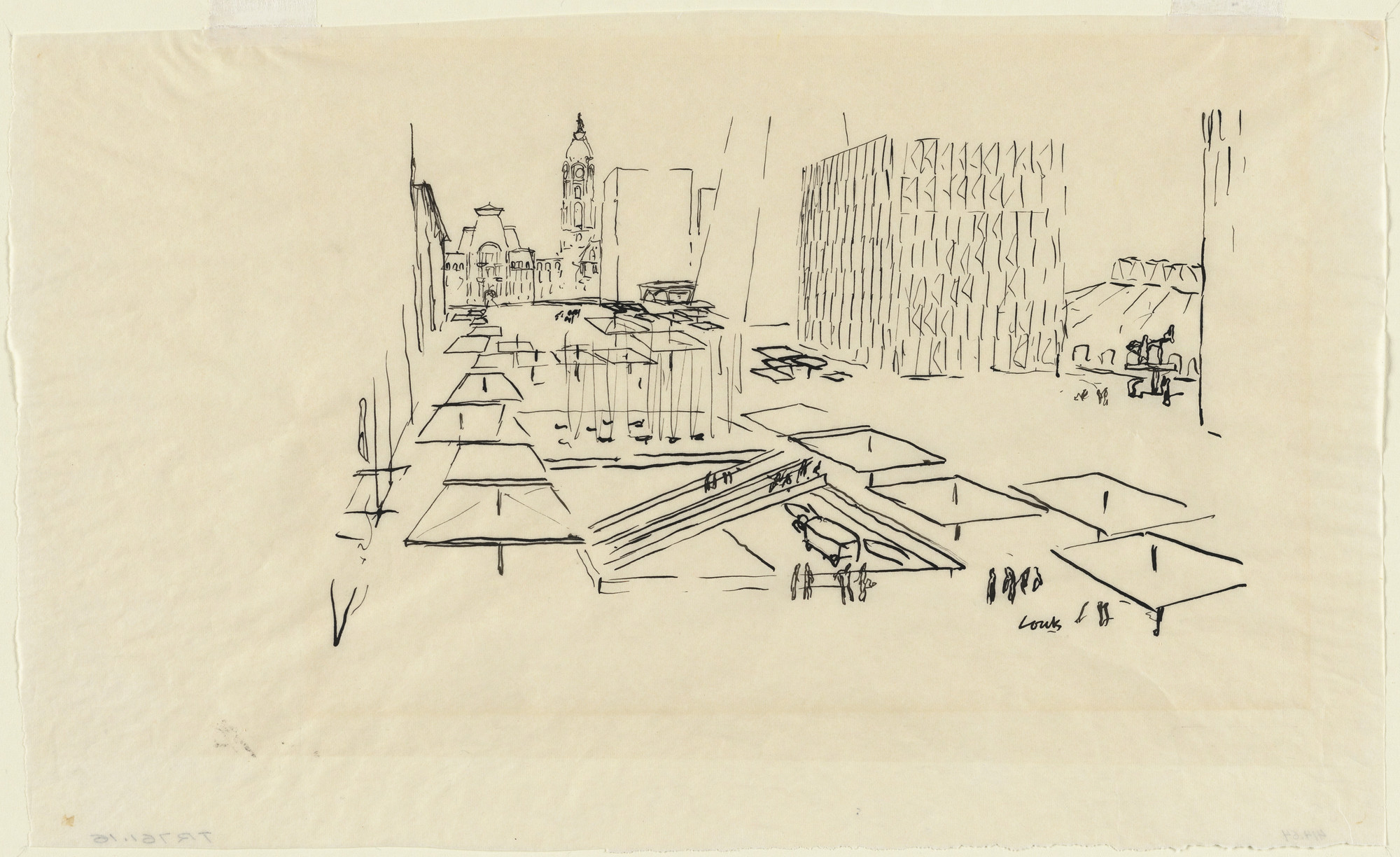 Louis I. Kahn. Civic Center Studies, project, Philadelphia, Pennsylvania, Perspective of promenade. Ink on tracing paper. 8¾ × 14½" (22.2 × 36.8 cm). MoMA