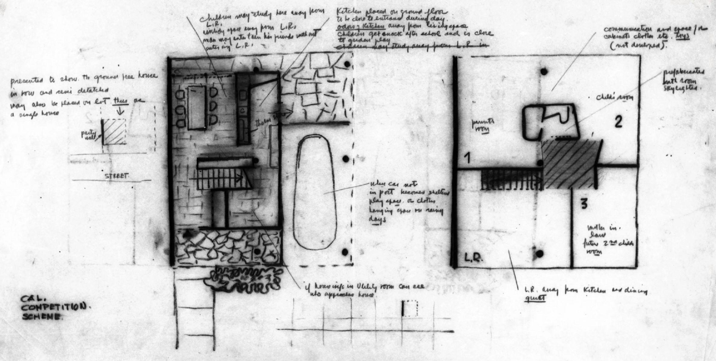 Louis I. Kahn. Project: "Design for Postwar Living" house, competition. Client: California Arts and Architecture. 35cm × 69cm. Red pencil on white tracing paper. Louis I. Kahn Collection, Architectural Archives, University of Pennsylvania