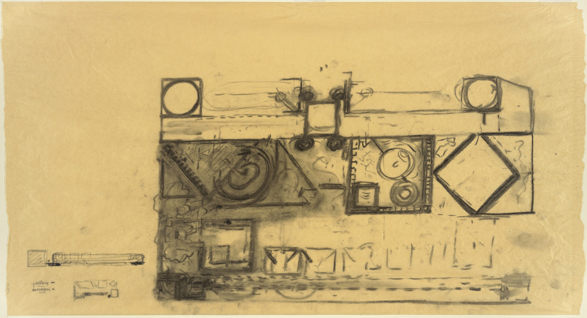 Louis I. Kahn. Fine Arts Center, School, and Performing Arts Theater, Fort Wayne, Indiana. Site-plan and elevation sketches. 1963. Charcoal and crayon on tracing paper. 12 × 22" (30.5 × 55.9 cm). MoMA