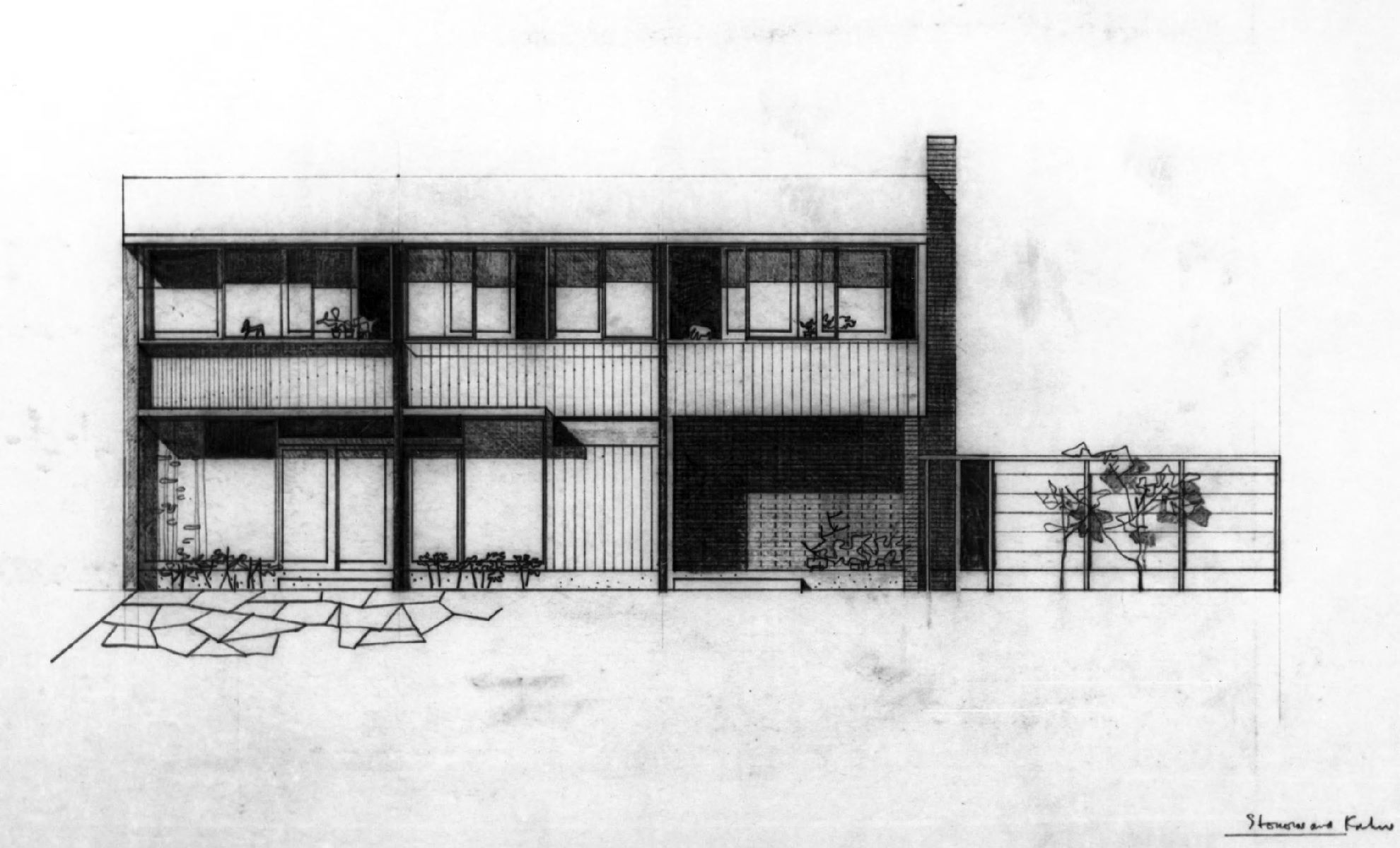 Louis I. Kahn. Project: House for 194X. Client: Architectural Forum. Elevation. 45.7cm × 47.2cm. Pencil, color pencil on white tracing paper. Louis I. Kahn Collection, Architectural Archives, University of Pennsylvania