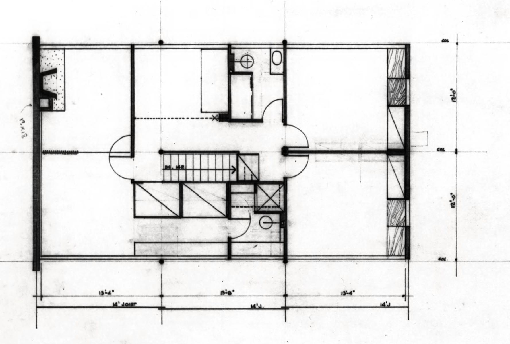 Louis I. Kahn. Project: House for 194X. Client: Architectural Forum. Plan. 45.7cm × 66cm. Pencil, color pencil on white tracing paper. Louis I. Kahn Collection, Architectural Archives, University of Pennsylvania