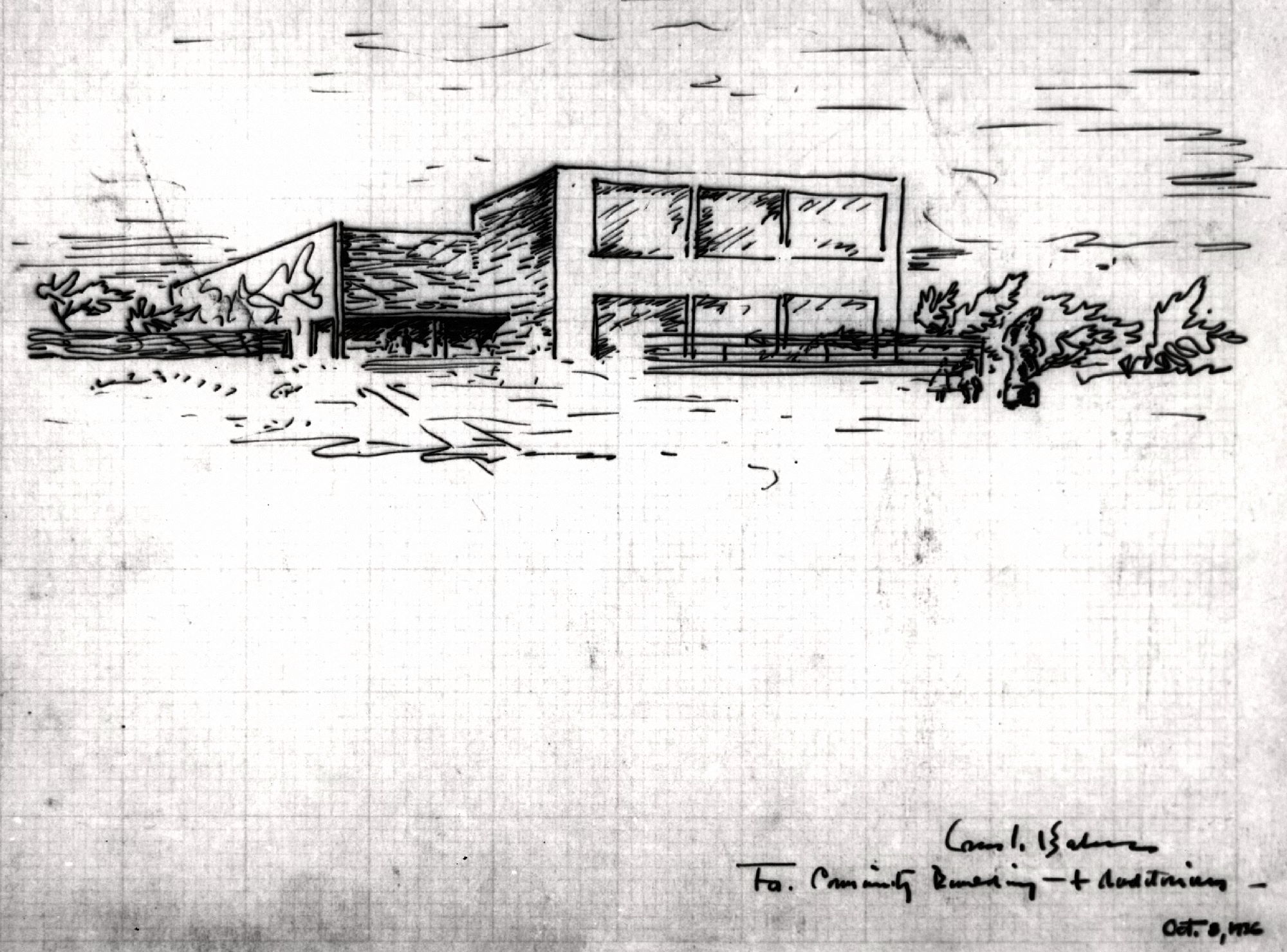 Louis I. Kahn. Project: Jersey Homesteads Cooperative Development Client: Resettlement Administration. Image Title: perspective. 20 × 27 cm. Ink on graph paper. 1936. Louis I. Kahn Collection, Architectural Archives, University of Pennsylvania