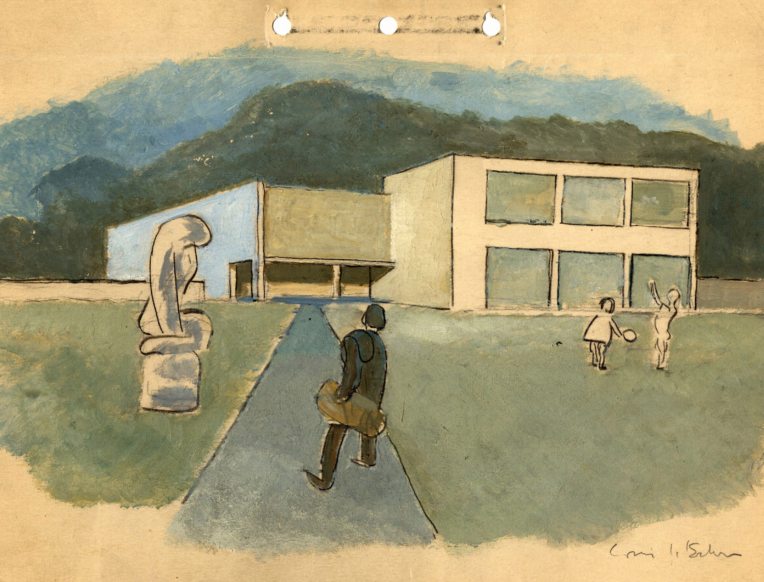 Louis I. Kahn. Project: Jersey Homesteads Cooperative Development. Client: Resettlement Administration. Image Title: perspective of school. 20 × 27 cm. Graphite and tempera on wove paper. Louis I. Kahn Collection, Architectural Archives, University of Pennsylvania