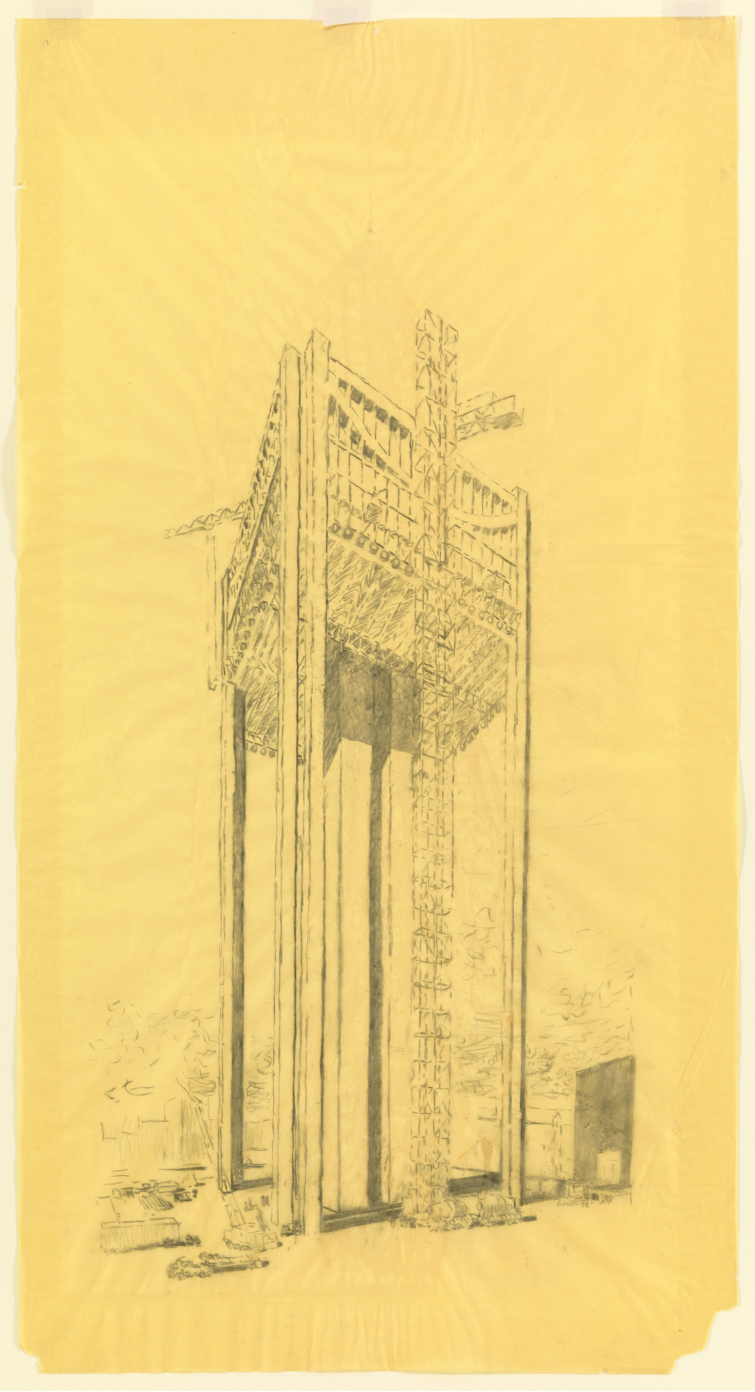 Louis I. Kahn. Kansas City Office Building, project, Kansas City, Missouri, Perspective. 1972. Charcoal on yellow tracing paper. 52¾ × 31¼" (134 × 79.4 cm). MoMA