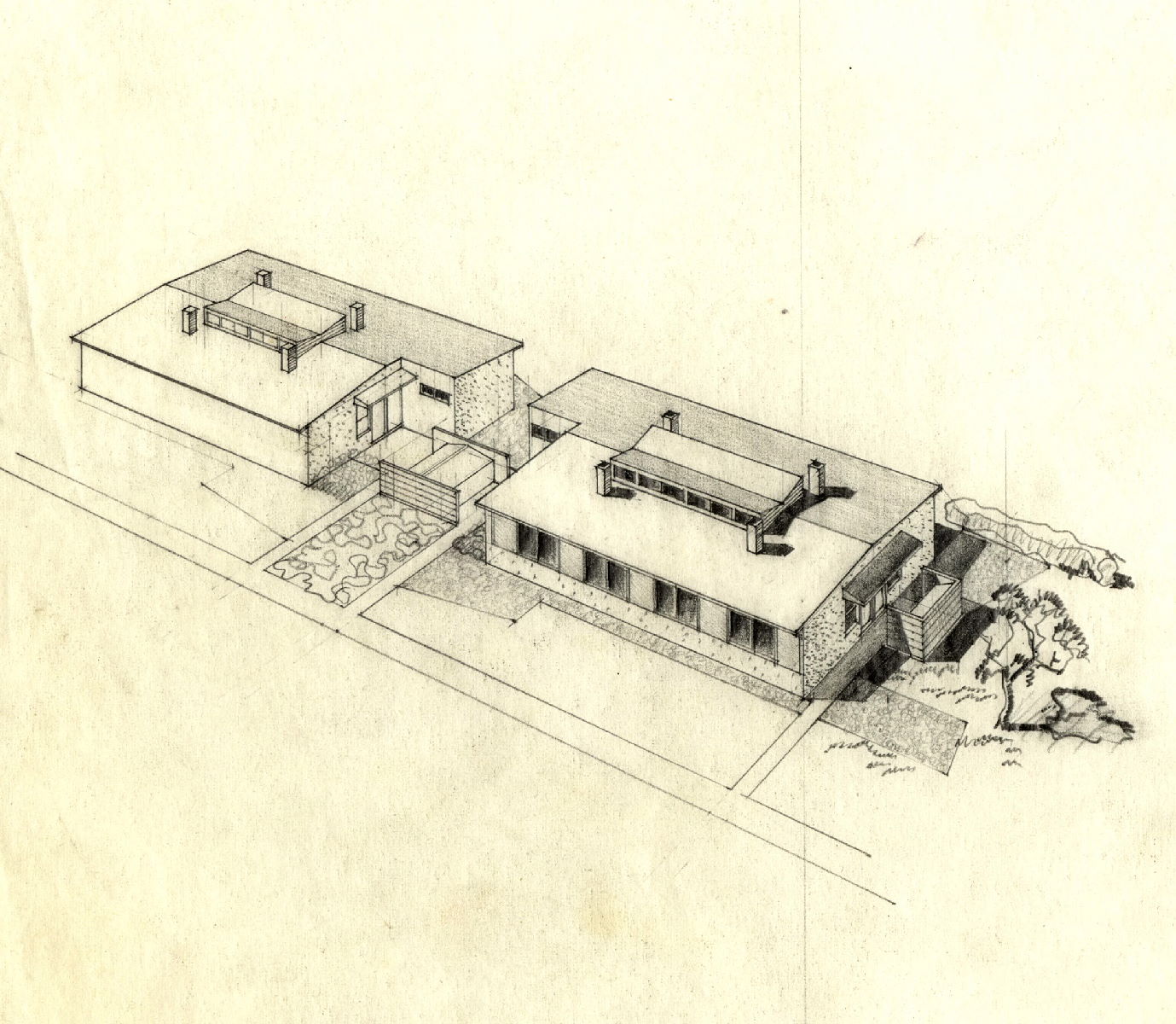 Louis I. Kahn. Project: Lily Ponds Houses. Client: The United States of America, acting through the Alley Dwelling Authority. Image Title: aerial perspective of housing, building type B. 22cm × 21.5cm. Pencil on white tracing paper. Louis I. Kahn Collection, Architectural Archives, University of Pennsylvania