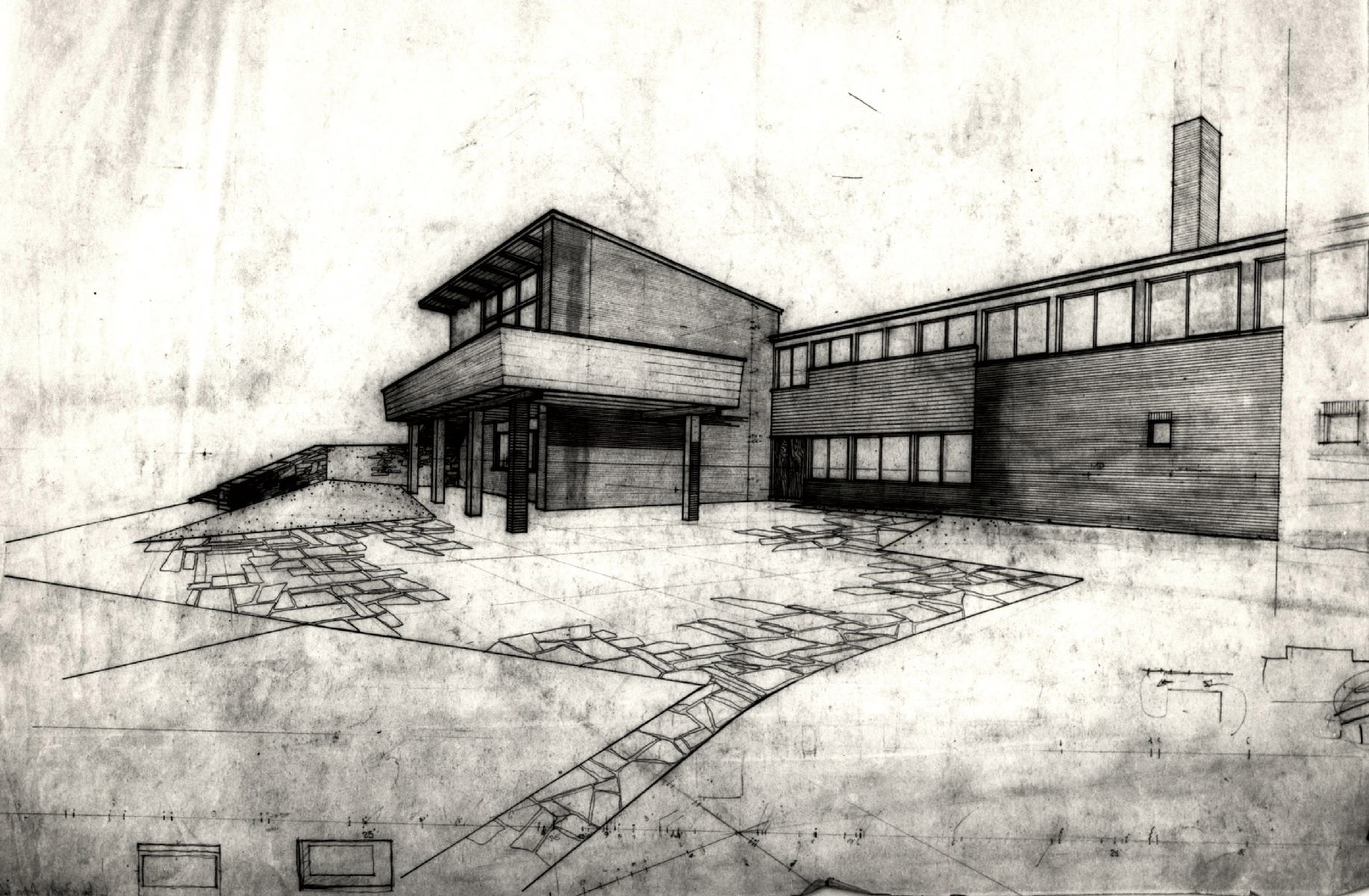 Louis I. Kahn. Project: Lily Ponds Houses. Client: The United States of America, acting through the Alley Dwelling Authority. Image Title: perspective. 45cm × 59cm. Pencil on white tracing paper. Louis I. Kahn Collection, Architectural Archives, University of Pennsylvania