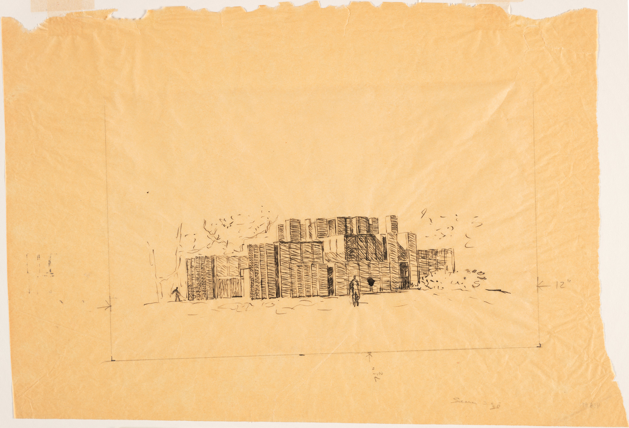 Louis I. Kahn. Mr. and Mrs. Lawrence Morris House, Mount Kisco, New York, Perspective. 1958. Ink on tracing paper. 11¼ × 17" (28.6 × 43.2 cm). MoMA