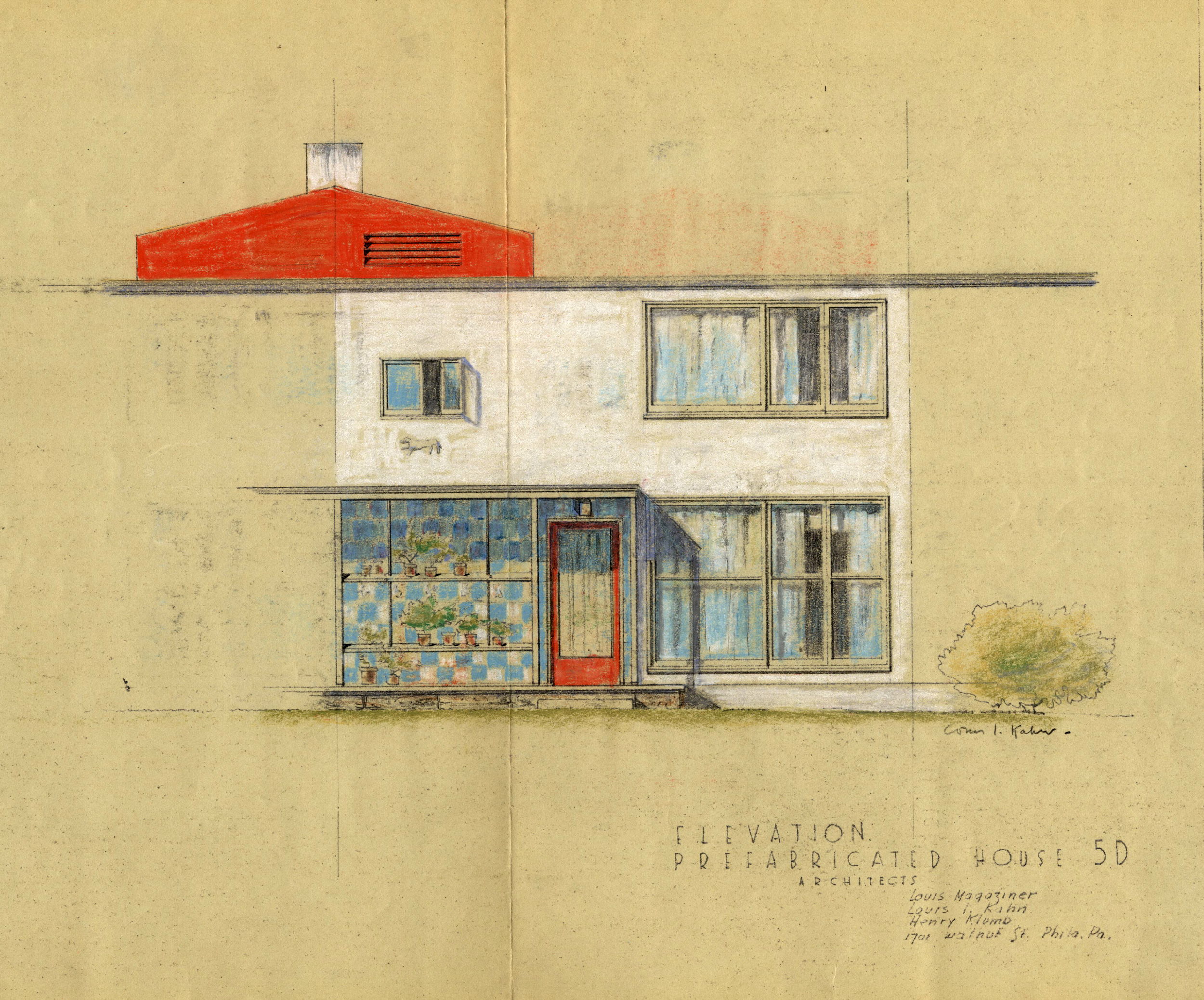 Louis I. Kahn. Project: Prefabricated House. Image Title: elevation. 28.5 × 41 cm. Colored pencil on diazotype print. Louis I. Kahn Collection, Architectural Archives, University of Pennsylvania